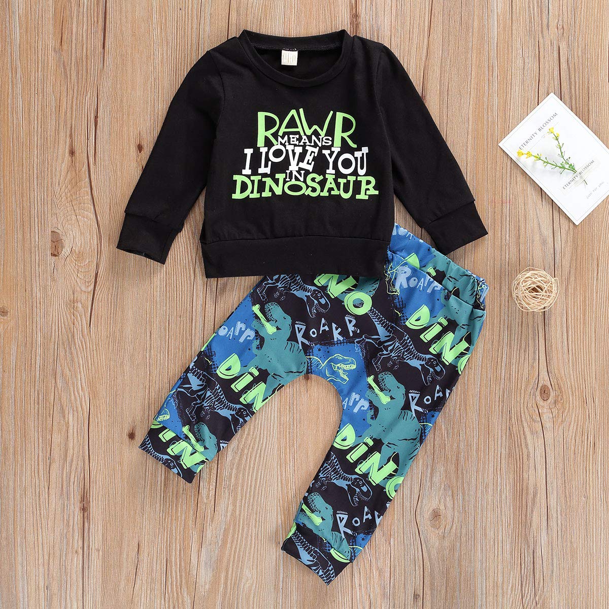 **Black Dinosaur & Letters Print Baby Clothes Set - Long Sleeve Round Neck Top + Pants for Fall & Winter - Cozy Outfit for Playdates & Family Photos**