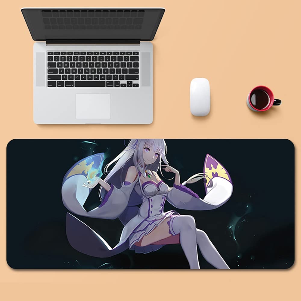 Anime Mouse Pad for Emilia - Re:Zero Starting Life in Another World Extended Gaming Mouse Mat, Non-Slip Rubber Base, Large Desk Keyboard Pad (800x300mm, 4mm Thick) - Perfect for Gaming, Office & Anime Fans