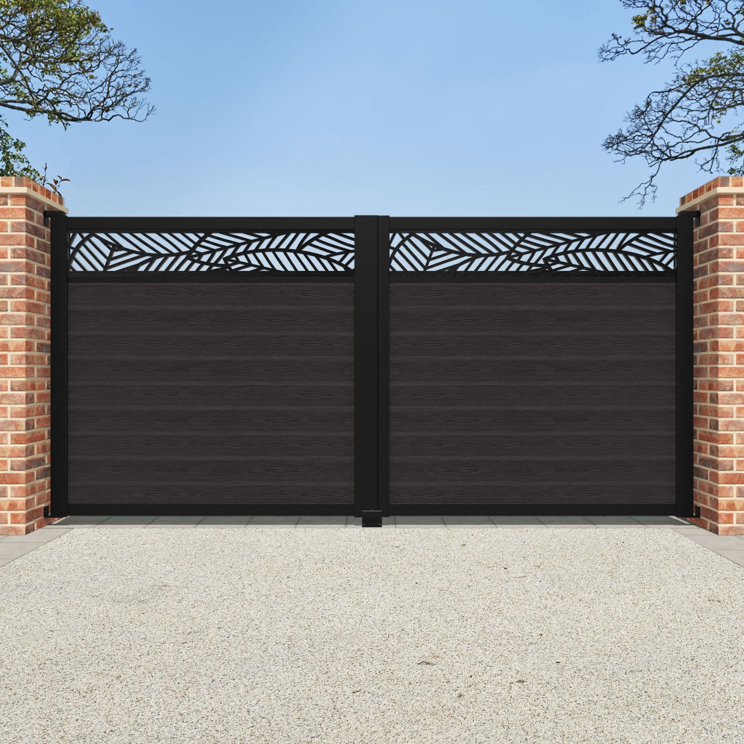 Classic Habitat Straight Top Driveway Gate - Dark Oak Finish with Top Screen | Durable Outdoor Driveway Entrance Solution for Homes & Estates