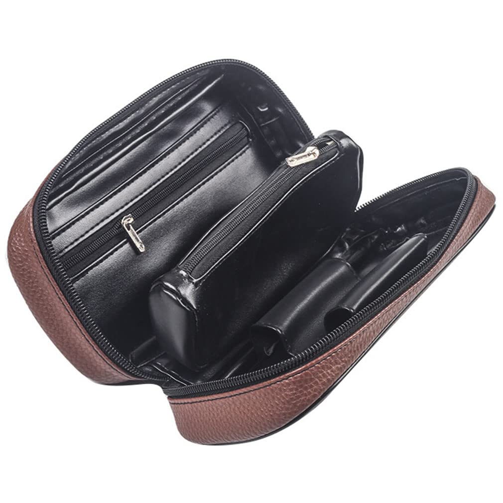 Premium Leather Tobacco Pipe Pouch - Travel Pipe Storage Bag for 3 Pipes & Accessories - Durable Smoking Stash Case - Perfect for Camping, Hiking & Outdoor Adventures (Brown)