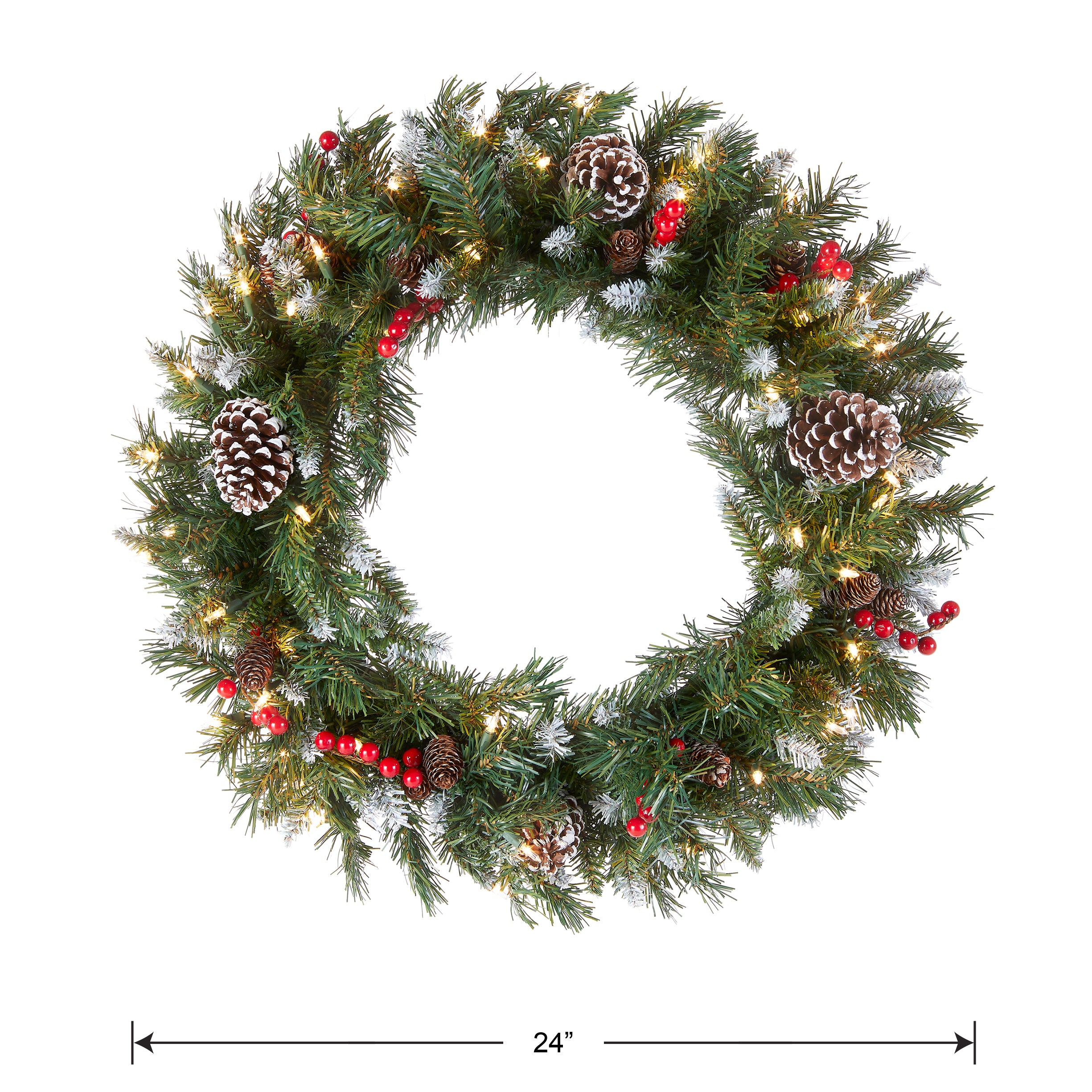 24 Inch Pre-Lit Frosted Berry Wreath with Clear LED Lights - Plug-In Christmas Decoration for Front Door, Window & Holiday Home Decor