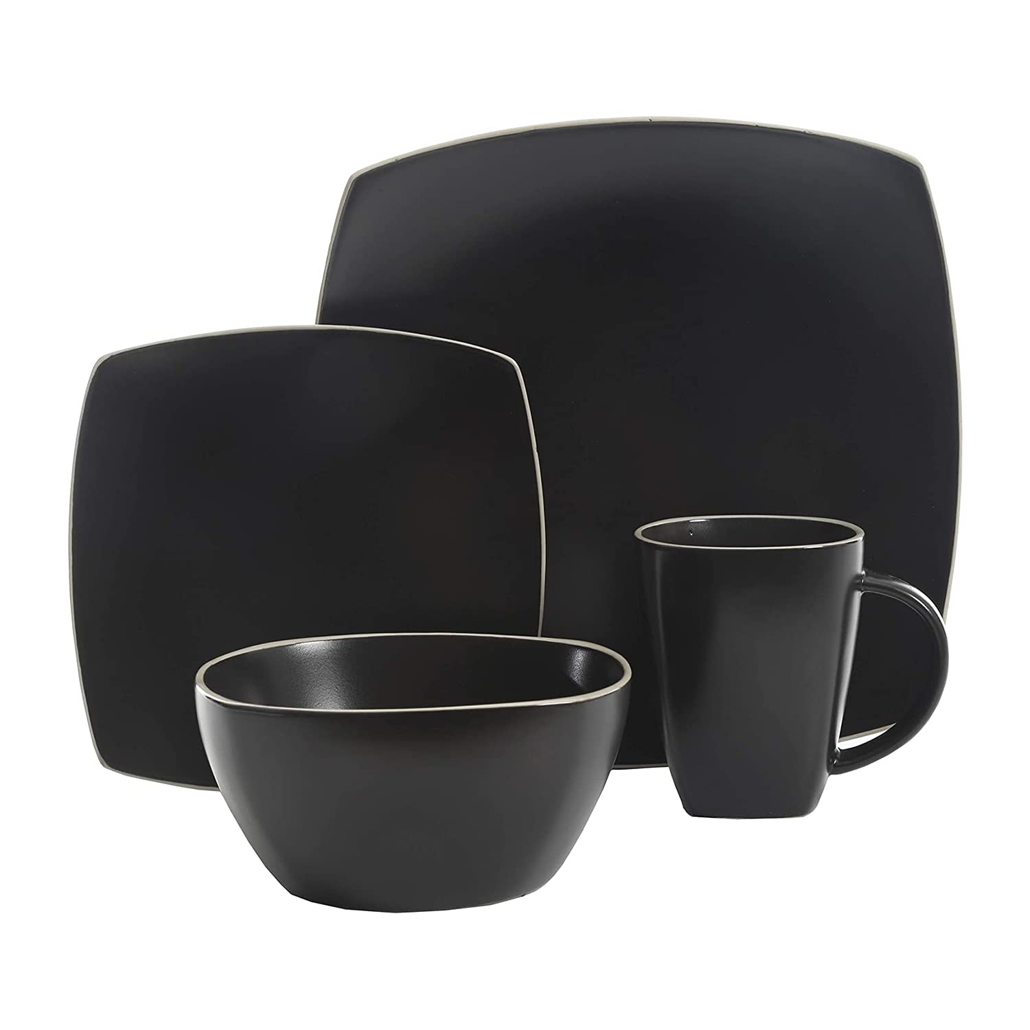 Gibson Elite 102261.16RM Soho Lounge 16-Piece Dinnerware Set for 4 - Matte Black with White Rims (2 Pack) | Includes Dinner Plates, Dessert Plates & Mugs | Perfect for Family Dining, Dinner Parties & Restaurant-Style Entertaining