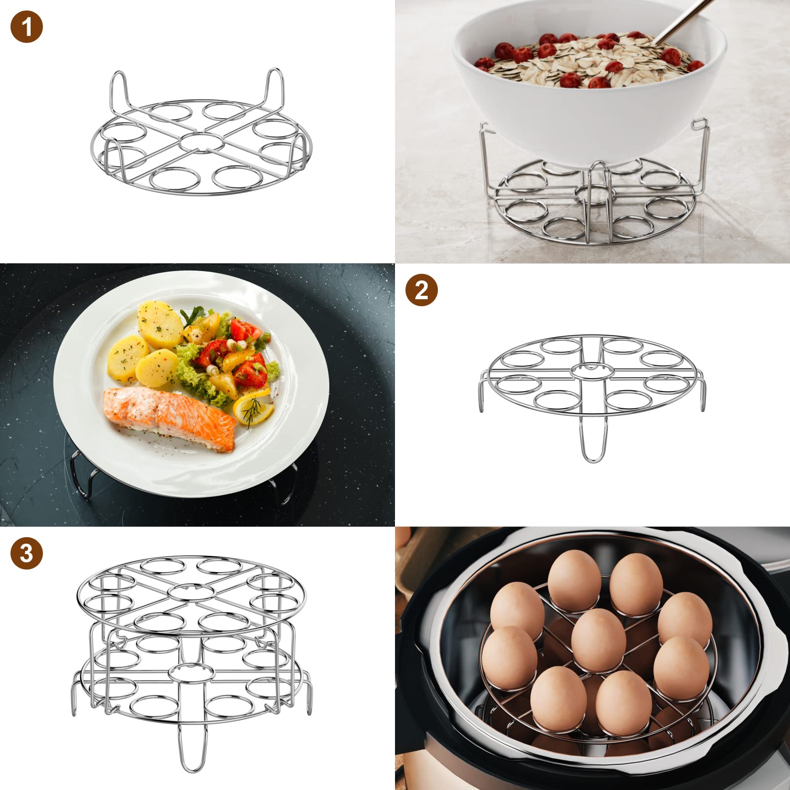 GSlife Stainless Steel Egg Steamer Rack - Stackable Trivet for 6-8 Quart Pressure Cookers & Instant Pots (2 Pack) - Cooks 18 Eggs Perfectly for Breakfast, Meal Prep & Healthy Cooking