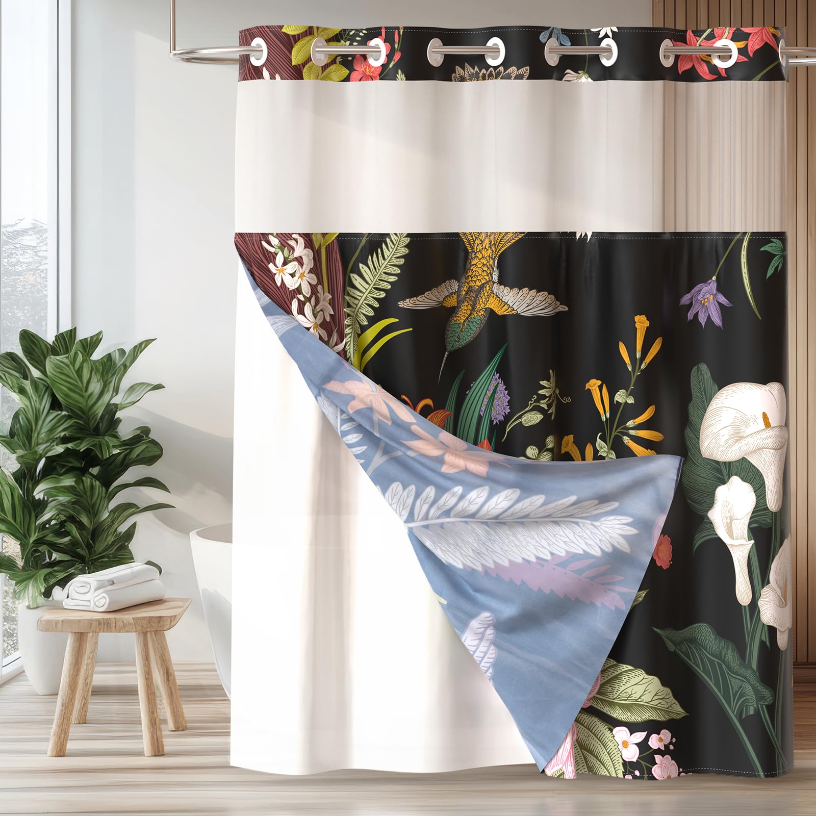 Floral Shower Curtain with Snap-in Liner - Waterproof Fabric Bathroom Curtain Set with Mesh Top Window, 72x75 Inch, No Hooks Needed - Perfect for Modern Bathrooms, Guest Baths & Spa-Like Showers
