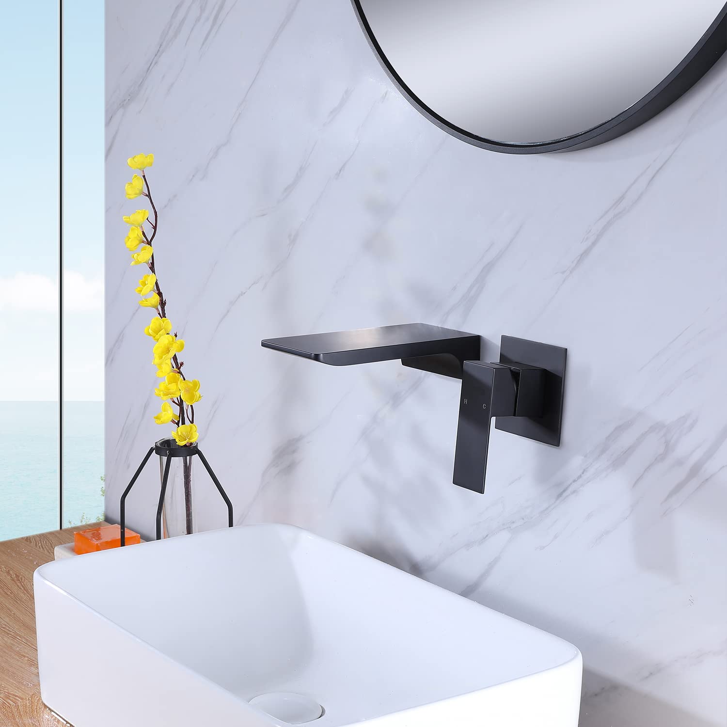 Wall Mount Waterfall Bathtub Faucet - Single Handle Matte Black Bathroom Sink Faucet - 2 Hole Widespread Vessel Faucet for Lavatory Vanity - Perfect for Modern Bathroom & Spa Style Decor