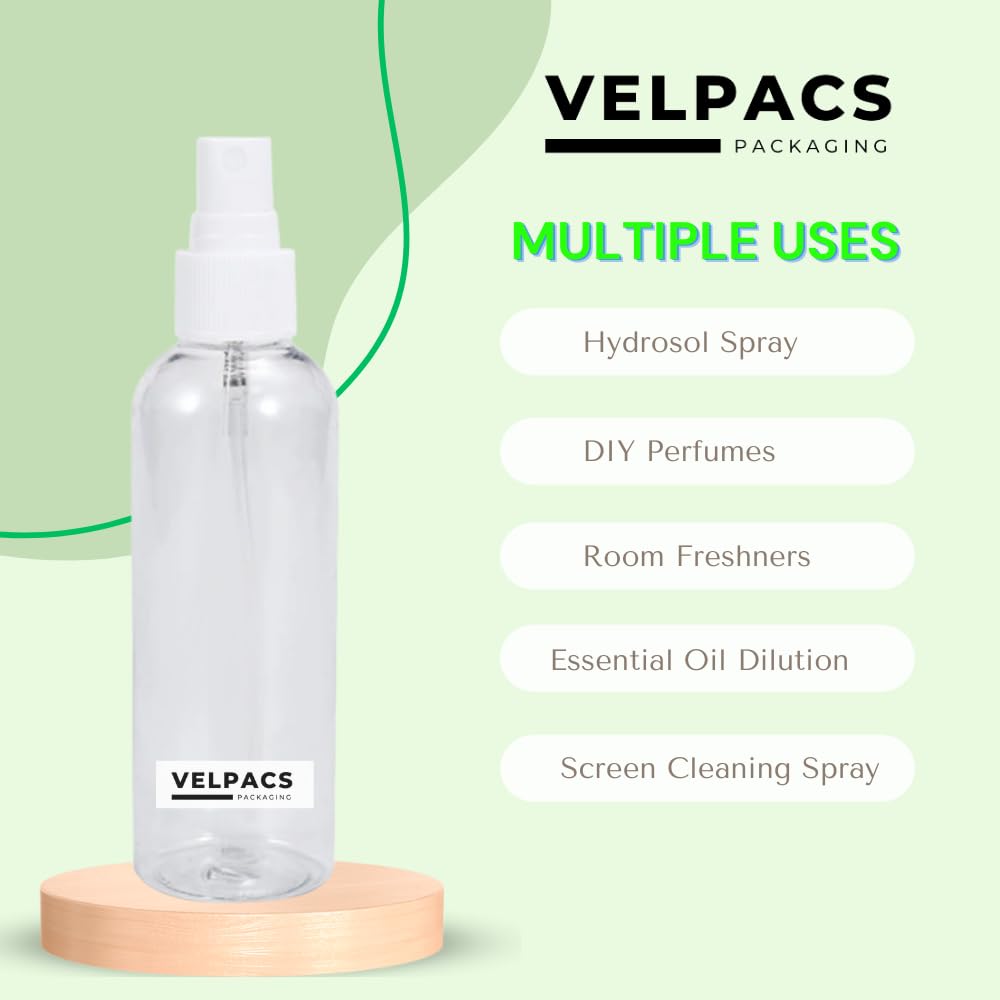 Velpacs 200ml Empty Plastic Spray Bottle - 3 Pack Fine Mist Sprayer for Hair, Rosemary Oil, Perfume & Rosewater | Travel-Friendly Refillable Container for DIY Beauty, Aromatherapy & Home Cleaning Solutions