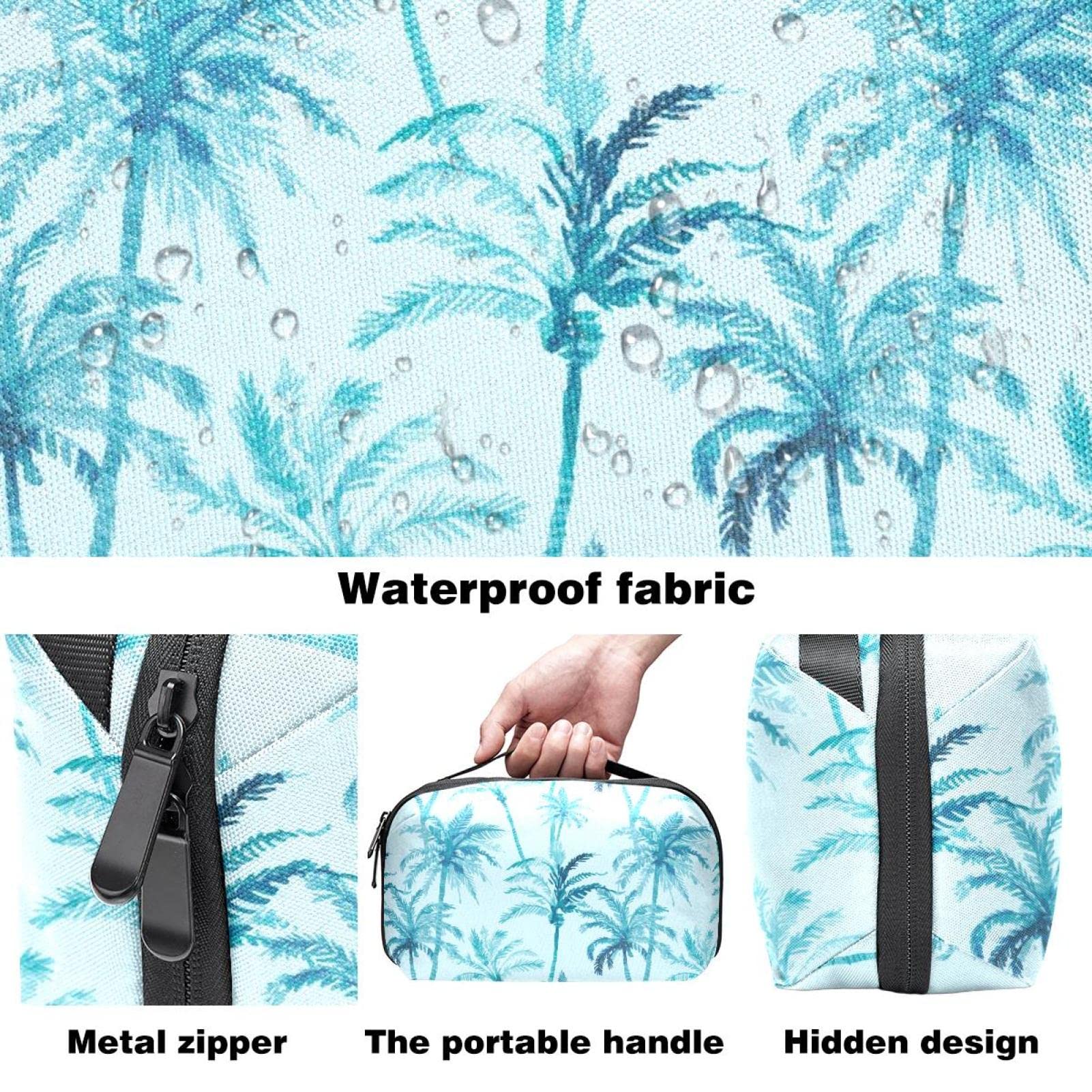 Large Waterproof Makeup Bag with Zipper - Travel Cosmetic Organizer for Women & Girls, Blue Coconut Tree Tropical Design - Perfect for Summer Travel, Beach Trips & Daily Beauty Storage