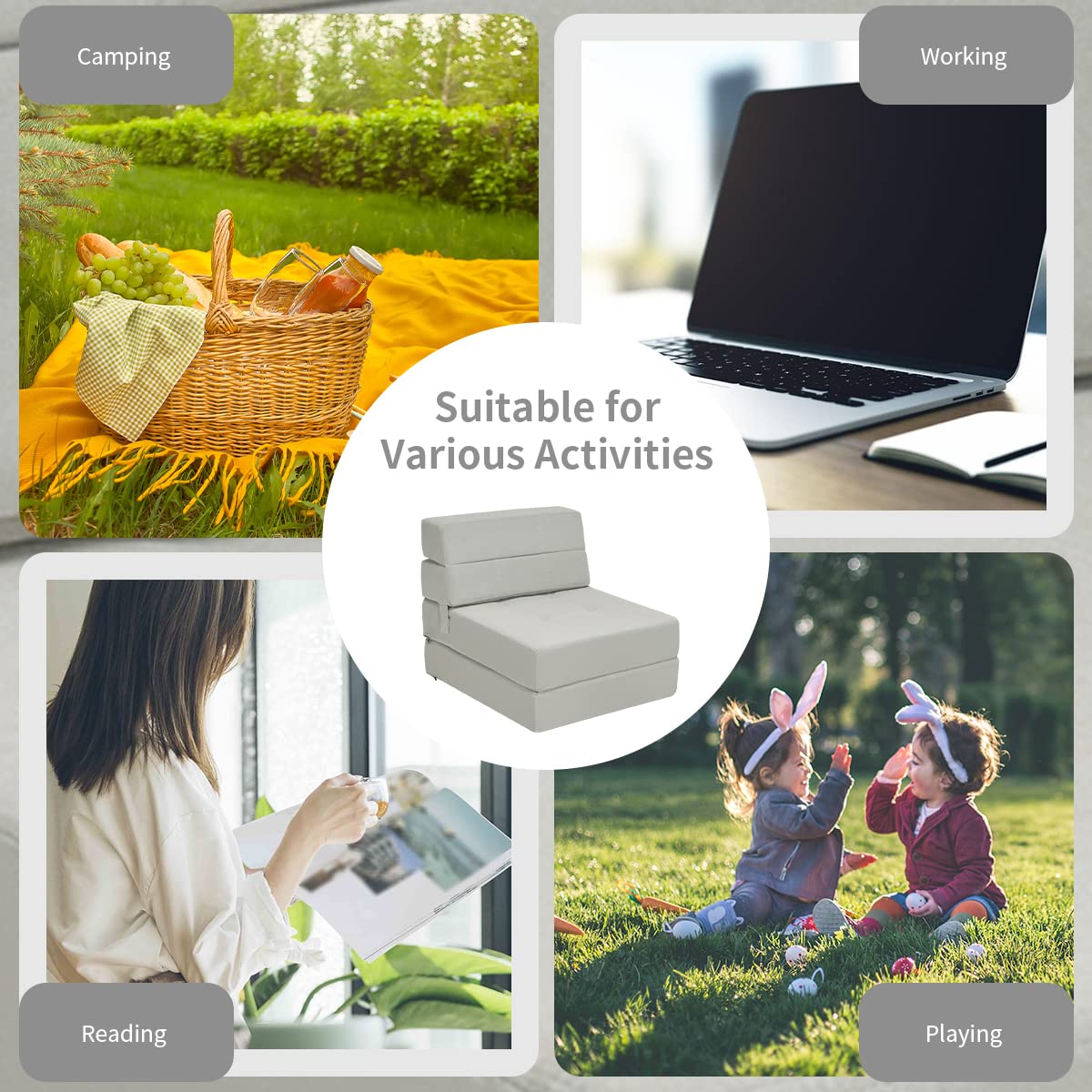 Casart Tri-Fold Memory Foam Sofa Bed - Portable Folding Sleeper with Washable Cover, Padded Cushion Guest Chaise Lounge (Gray) - Perfect for Small Spaces, Guest Rooms & Apartments