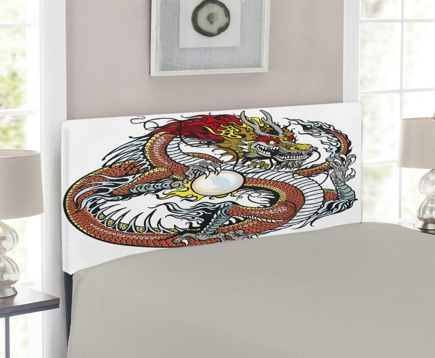 Ambesonne Dragon Headboard - Traditional Chinese Mythical Creature with Pearl Design, Upholstered Metal Bed Headboard with Memory Foam - Twin Size, Multicolor - Perfect for Asian-Themed Bedrooms, Feng Shui Decor & Unique Home Interiors