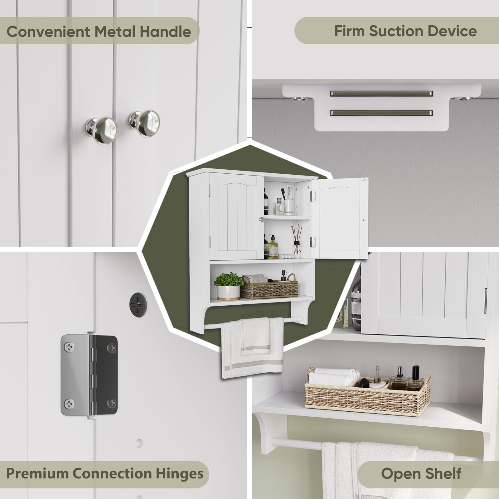 Smuxee White Wall Mounted Bathroom Cabinet with Towel Bar - 2 Door Adjustable Shelves Medicine Cabinet | Space Saving Over Toilet Storage for Bathroom, Laundry Room & Kitchen Organization