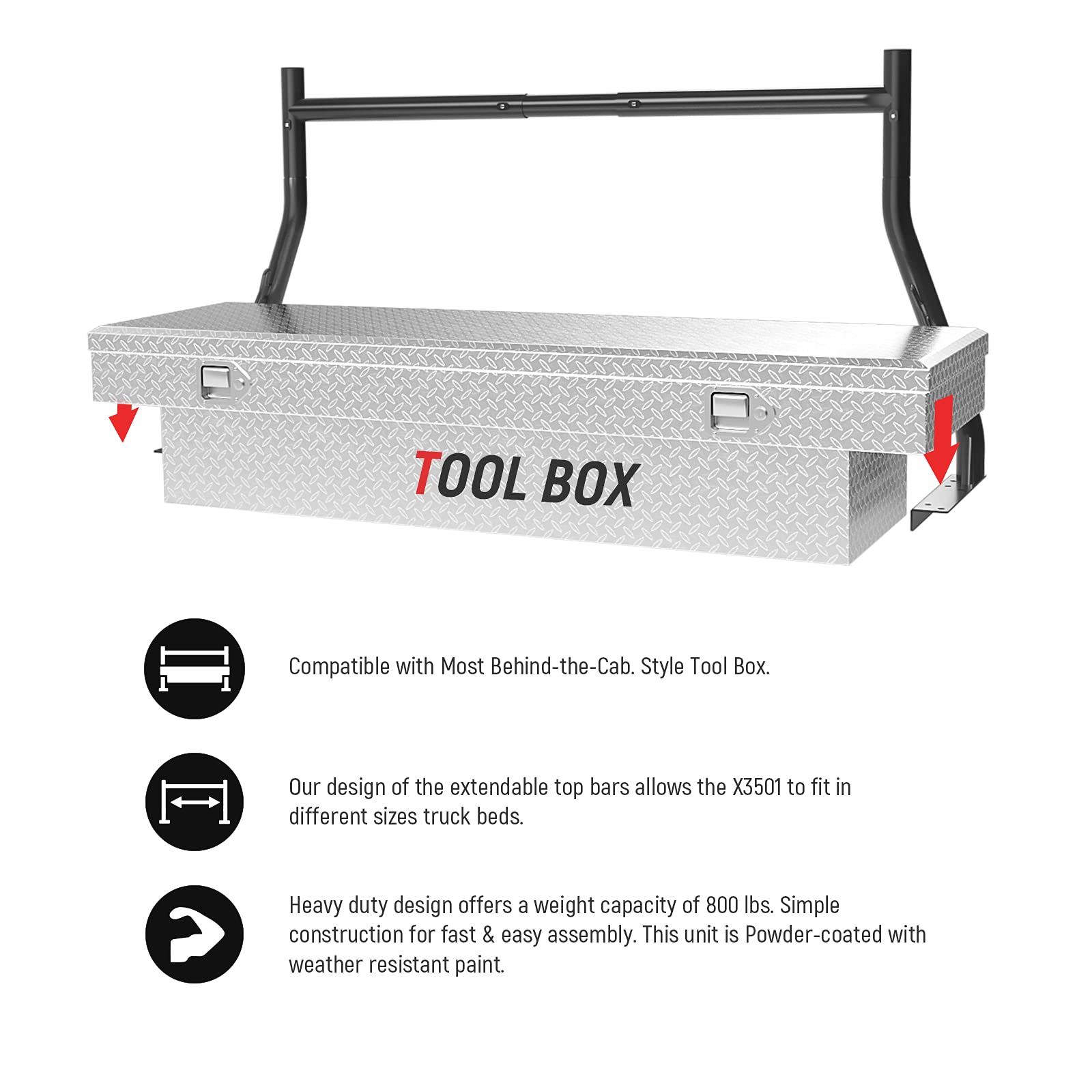 Heavy Duty 800Ibs Capacity Extendable Steel Truck Ladder Rack - 2-Bar Set with Tool Box Mounting | Matte Black Finish | Patent Pending | Perfect for Contractors, Landscapers & Roofers (USPTO Approved)