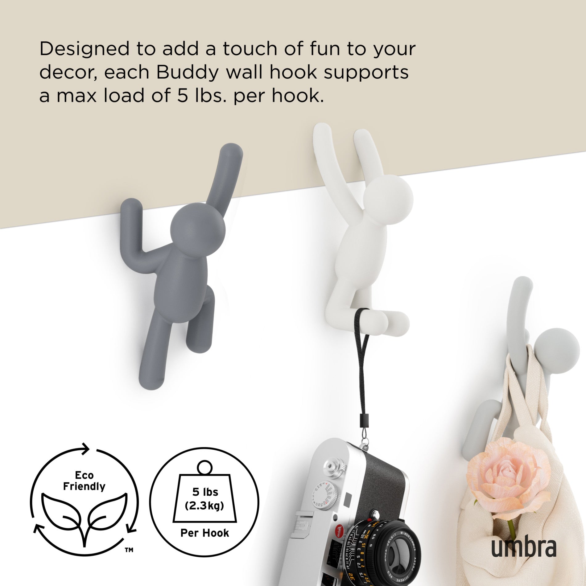 Buddy Wall Hooks Set of 3 - Heavy Duty Adhesive Hooks for Hanging Coats, Hats & Keys - Perfect for Home, Office & Dorm Organization