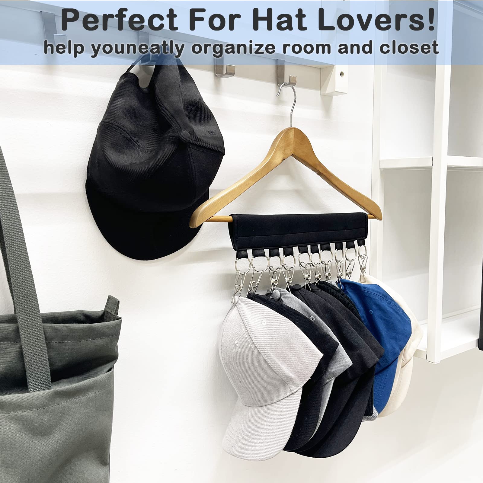 Baseball Cap Organizer - 2 Pack Black Hat Hanger for Closet with 10 Large Holder Clips | Perfect for Hat Storage, Display & Organization in Bedroom, Closet or Entryway