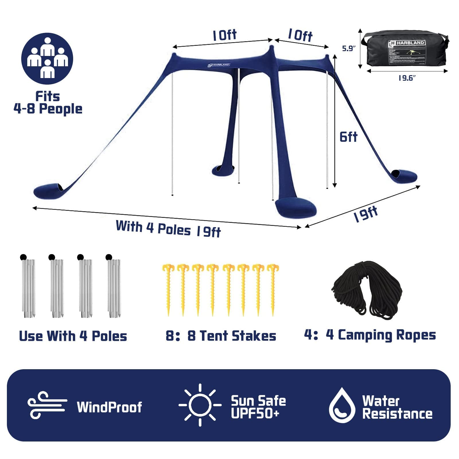 10X10 ft Beach Tent Sun Shelter with Sand Shovel, Tent Stakes & Stability Poles - UPF50+ Sun Shade Canopy for Camping, Fishing, Picnics, Backyard Fun - Perfect for Family Beach Days and Outdoor Adventures