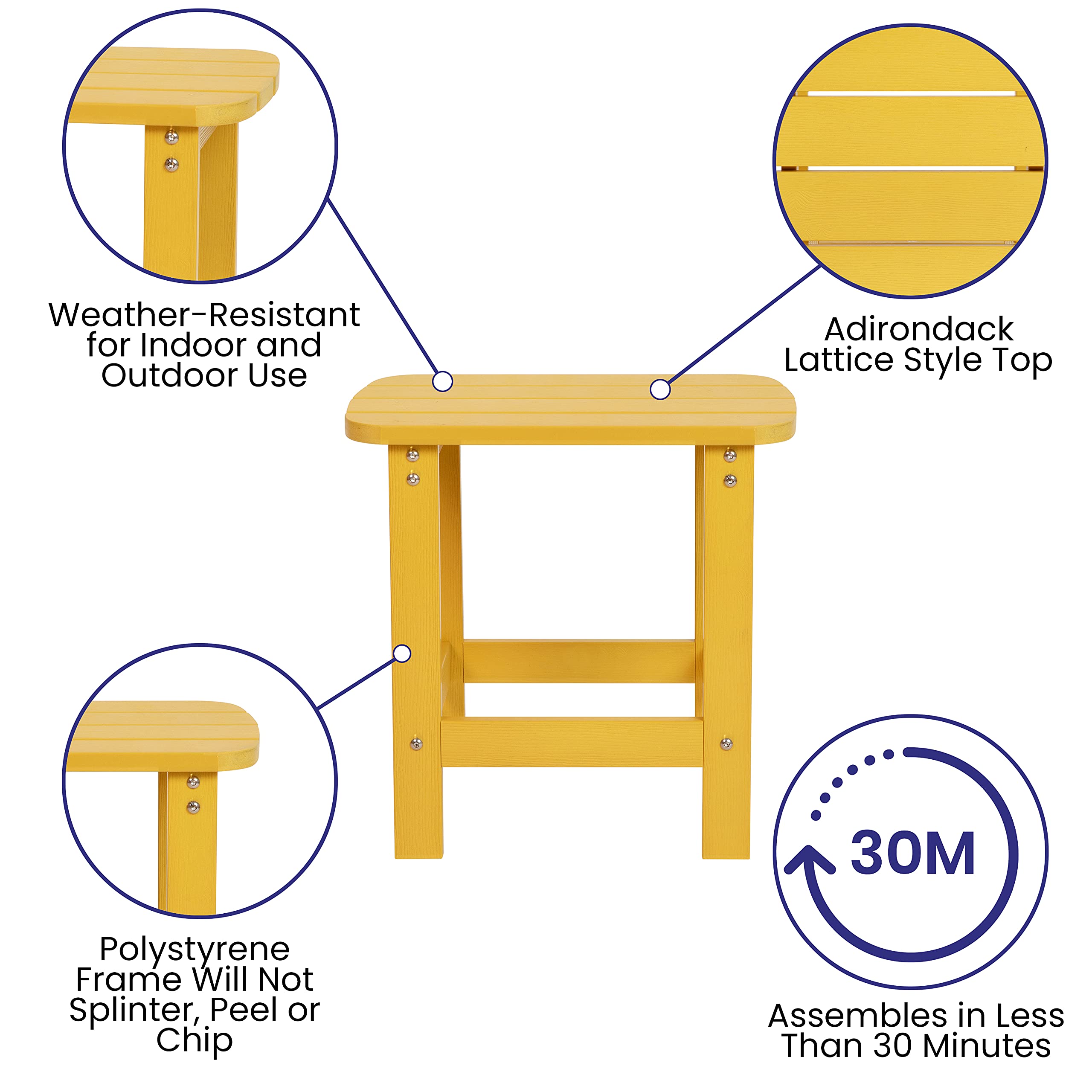 EMMA + OLIVER Yellow Adirondack Style Patio Set - Indoor/Outdoor Side Table with 2 Chairs | Perfect for Backyard, Garden, Poolside & Porch Relaxation