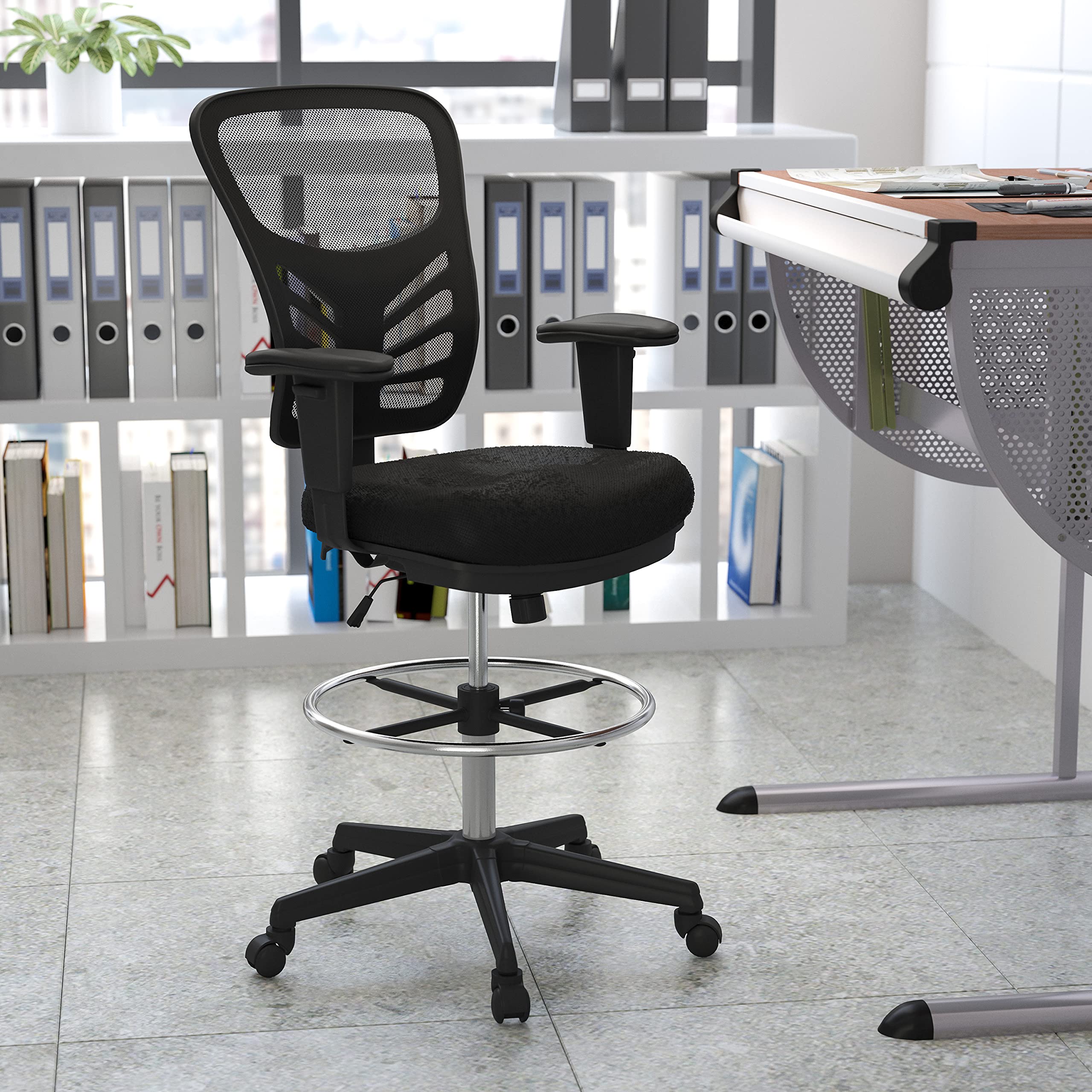 Ergonomic Adjustable Mid-Back Drafting Chair with Black Mesh Backrest & Black Frame - Perfect for Office, Home Workspace, and Computer Desk Task Chair