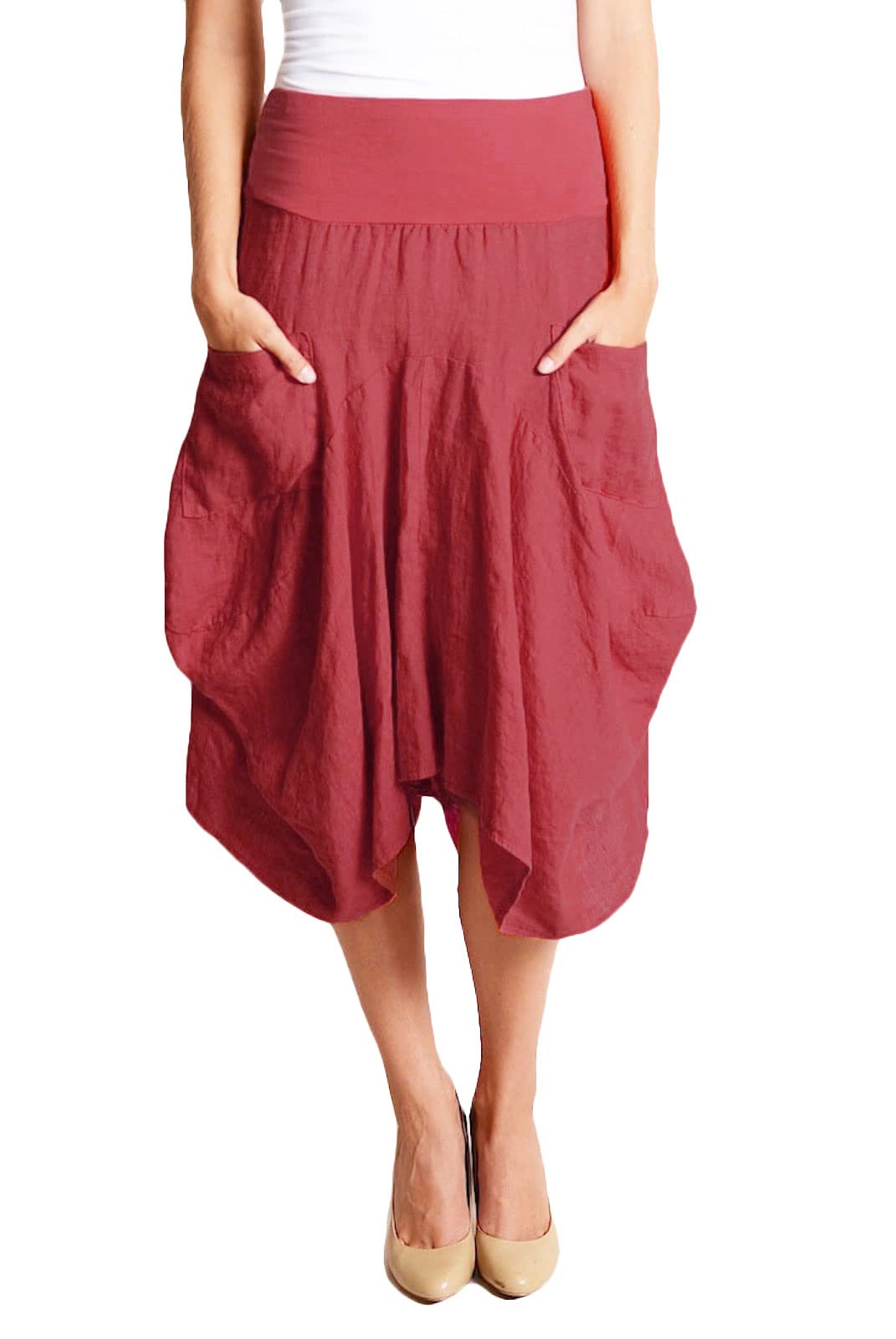 Inizio Women's 2 Pocket Magic Skirt - Stretchy Flowy Midi Skirt for Work, Travel & Casual Wear | Comfortable & Stylish Women's Fashion