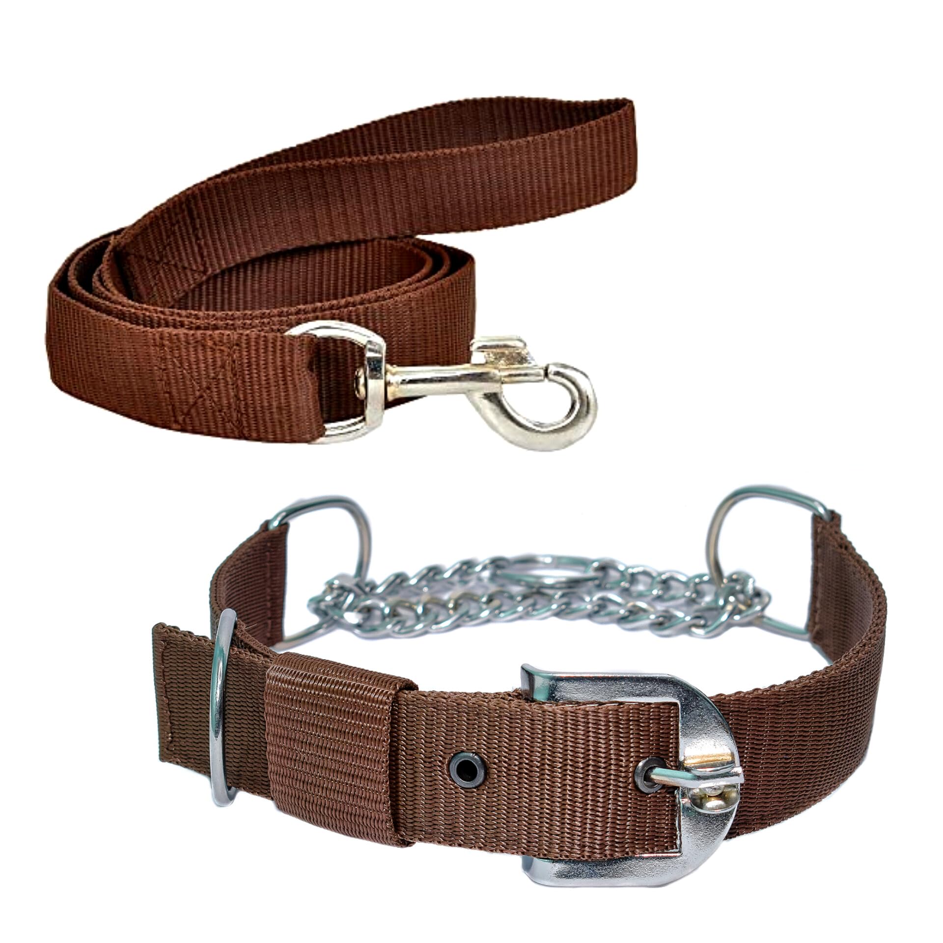 VIPCOLLECTION Adjustable Dog Half Chain Collar & Nylon Leash Set - Comfortable Training, Walking & Running Gear for All Dog Breeds (Large, Brown, 73.7cm) - Perfect for Daily Walks, Obedience Training & Outdoor Adventures
