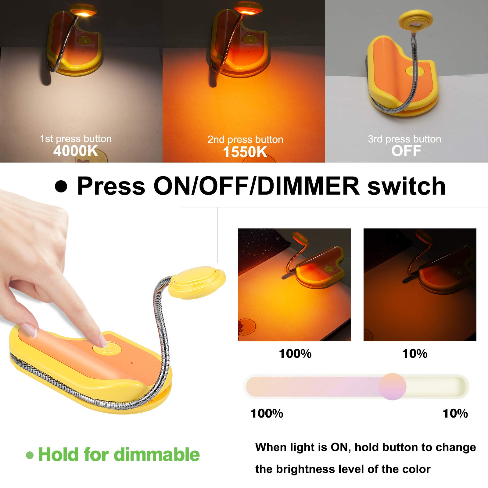 BIGMONAT Rechargeable Book Light for Reading in Bed - Collapsible Amber LED Reading Lamp with 360° Adjustable Neck, Wireless Clip-On Light for Books, Night Reading, Studying, Travel (Yellow, Portable)