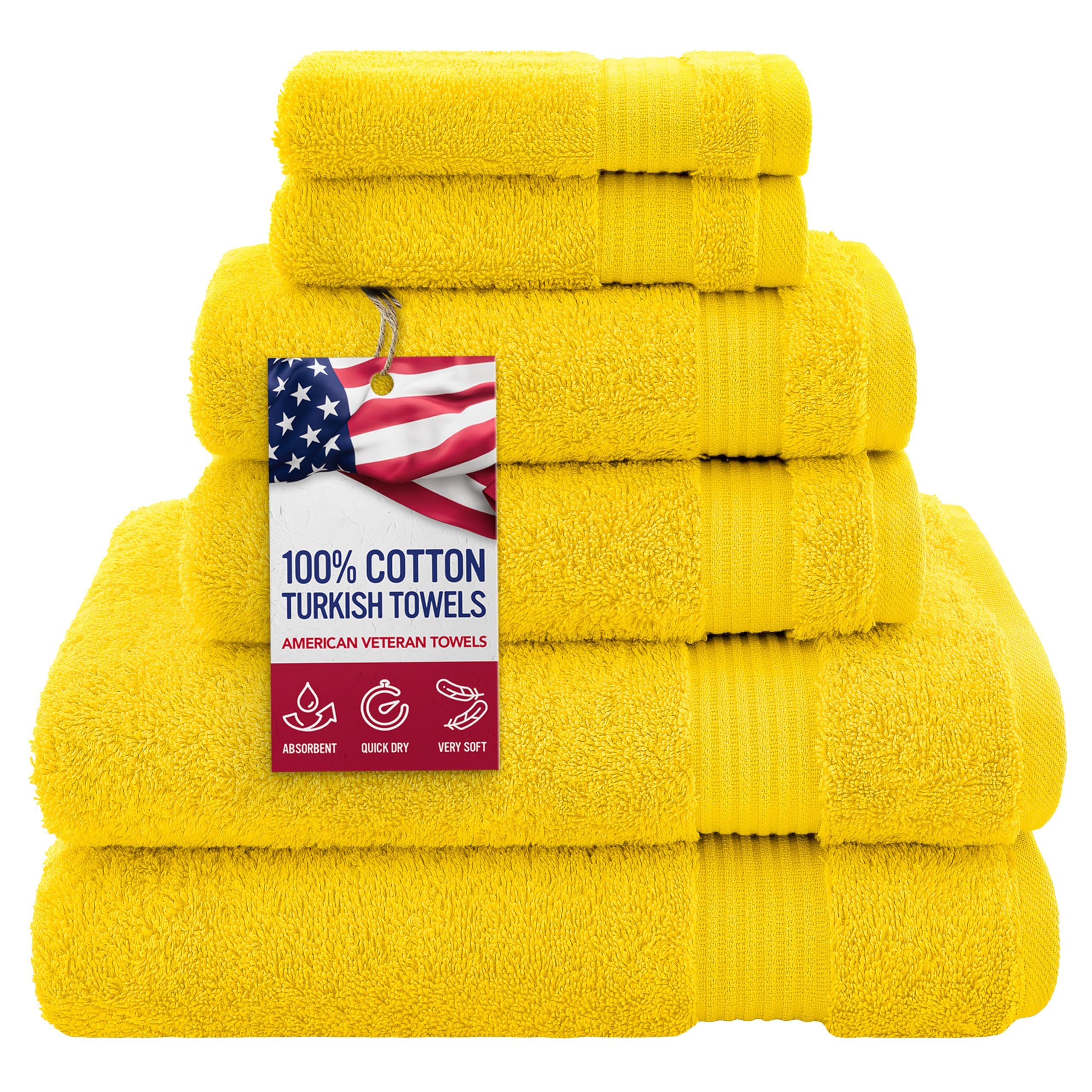 Premium 100% Cotton Turkish 6-Piece Bath Towel Set - 2 Bath Towels, 2 Hand Towels & 2 Washcloths - Ultra Soft & Absorbent Luxury Bathroom Essentials in Yellow - Perfect for Spa, Hotel & Home Use
