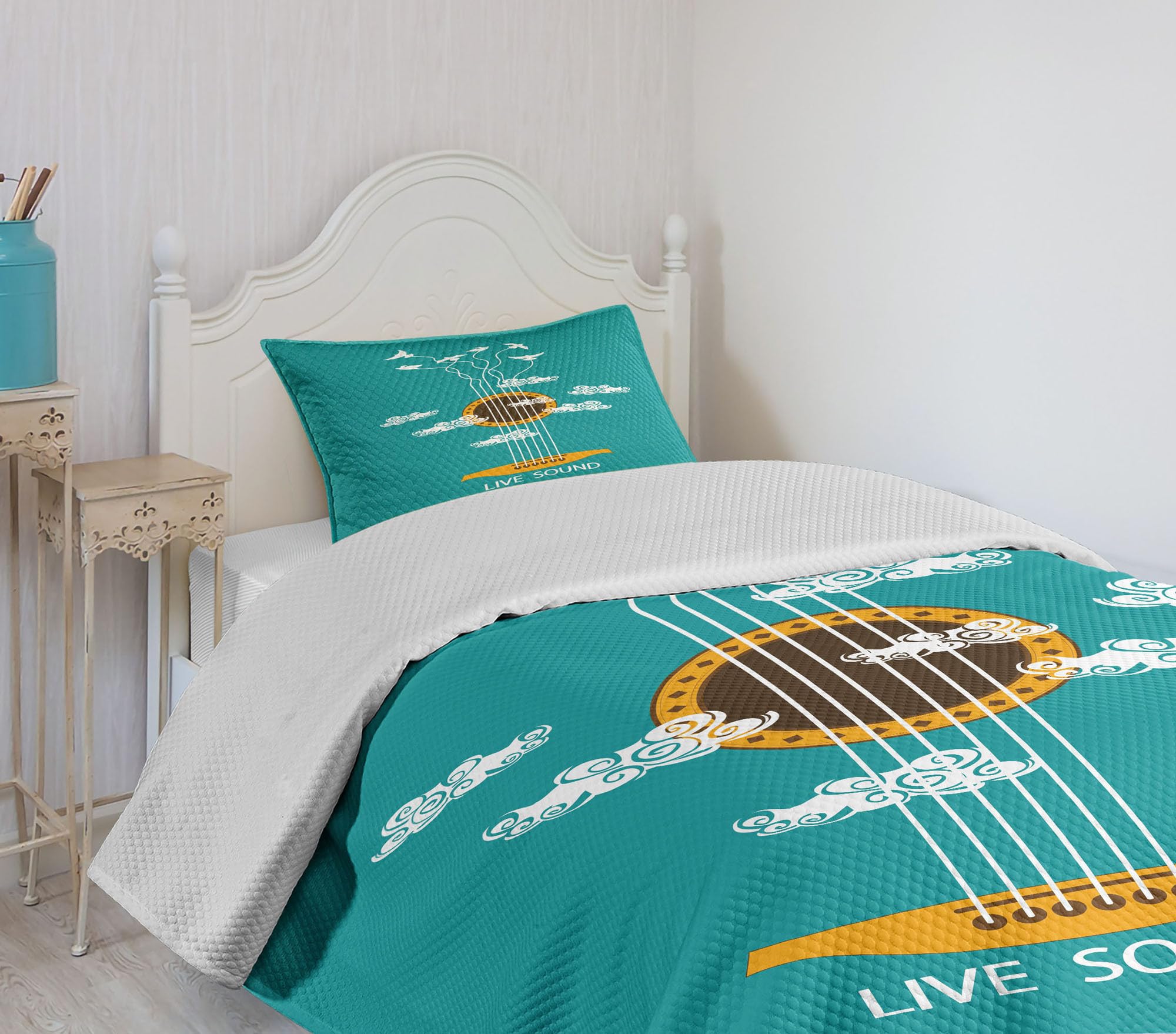 Ambesonne Guitar Bedspread Set - Abstract Music Themed Bedding with Birds on Strings & Clouds Design, 3-Piece Decorative Coverlet & 2 Pillow Shams, Twin Size in Turquoise Marigold White | Perfect for Music Lovers' Bedrooms, Dorm Rooms & Bohemian Decor
