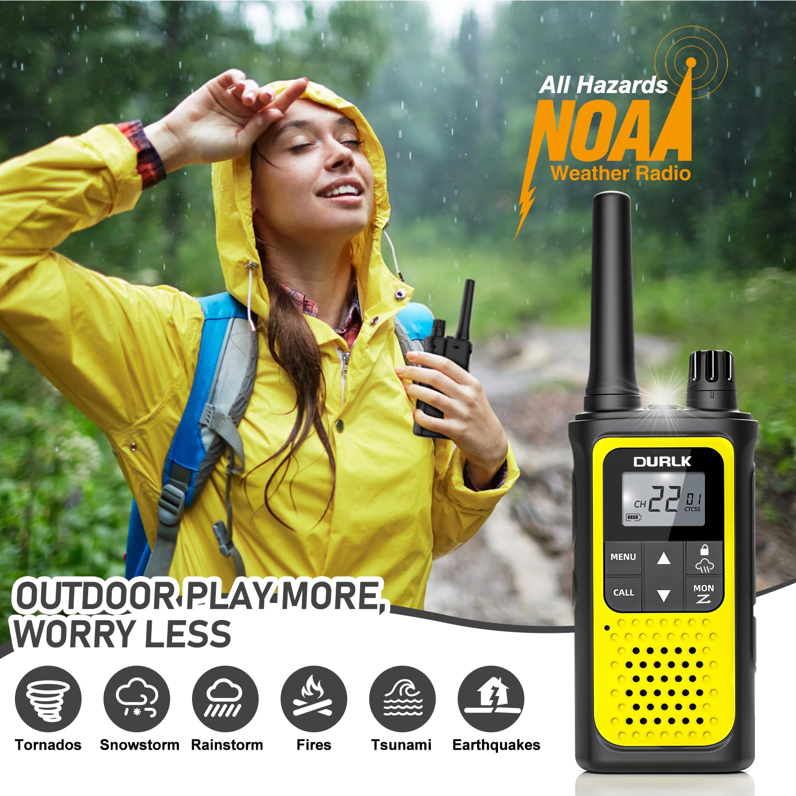 Long Range Walkie Talkies for Adults - 2 Pack Rechargeable Two Way Radios with 22 FRS Channels, NOAA Weather Alerts, 1800mAh Li-ion Battery & LED Flashlight - Perfect for Hiking, Camping, Outdoor Adventures (Yellow)