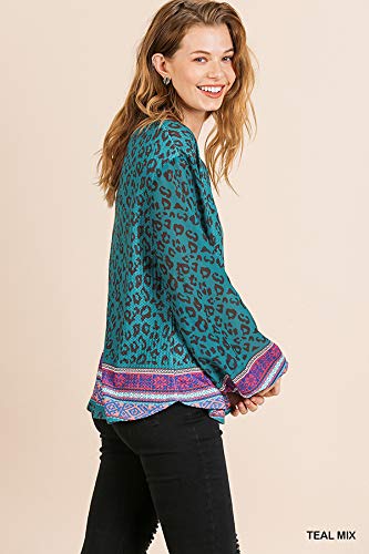 Umgee Women's Scarf Print Waffle Knit Top - Soft Long Sleeve Blouse for Fall & Winter | Casual Office Wear, Layering Piece, Date Night Outfit