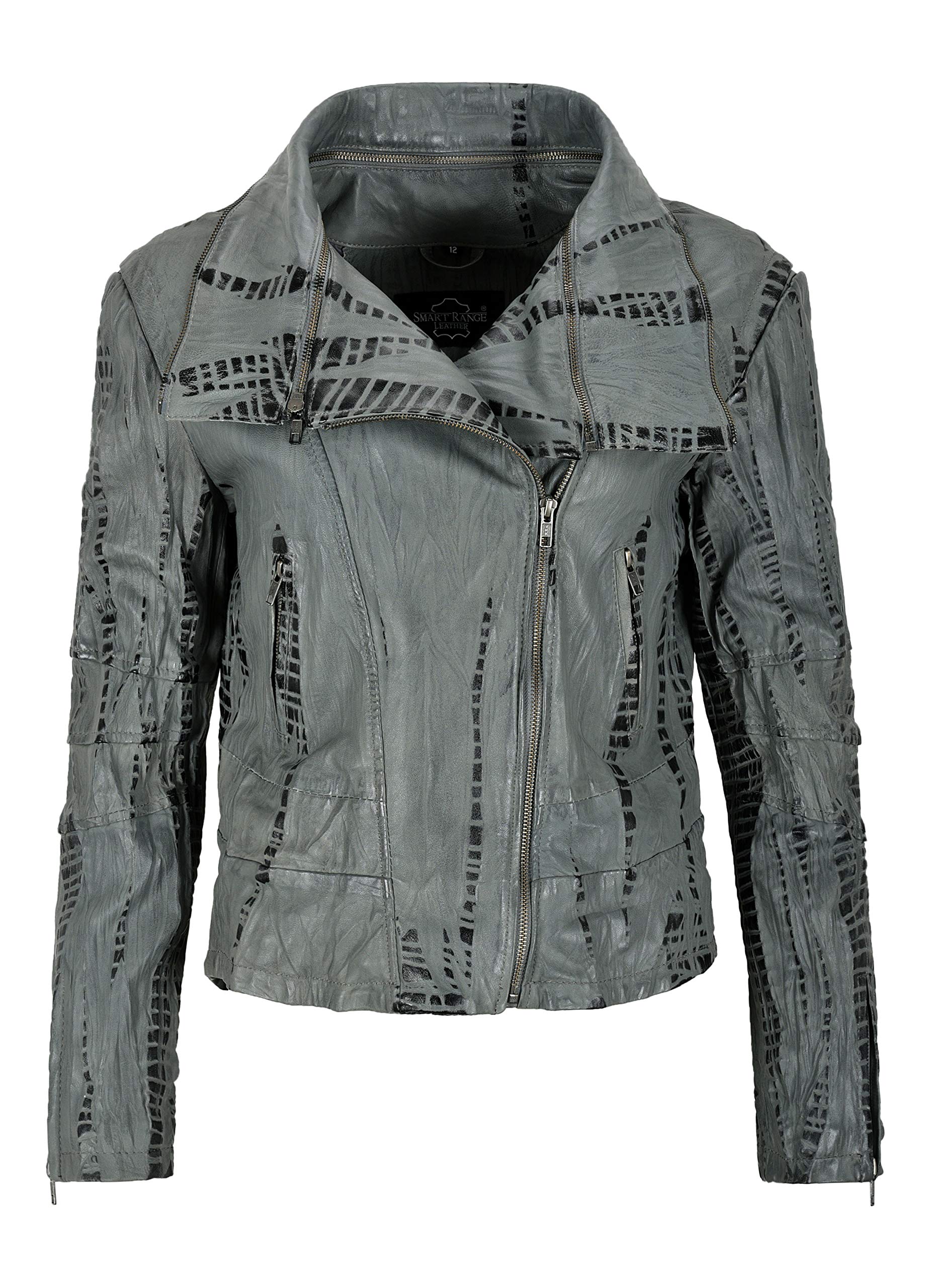 Women's Crocodile Print Leather Jacket - Grey Faux Croc Plated Retro Fashion Coat for Casual Outings & Nightlife | Style 5062
