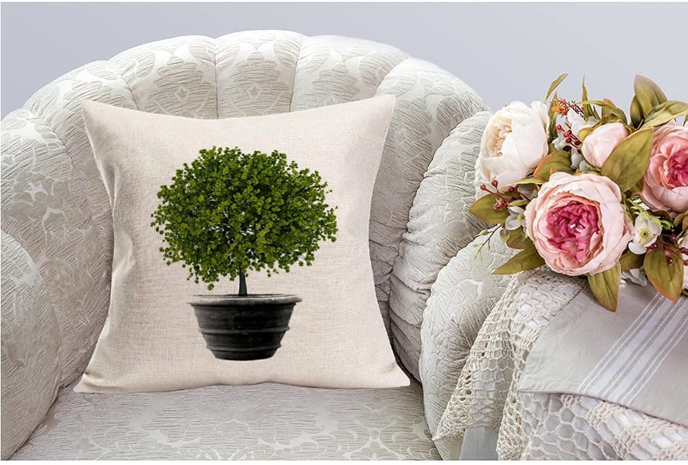 Xihomeli 18x18 Inch Cotton Linen Throw Pillow Covers - Hand-Painted Black Pot with Green Tree Design, Farmhouse Decor for Spring Summer, Living Room, Bedroom, and Outdoor Use (Black Pot 01)