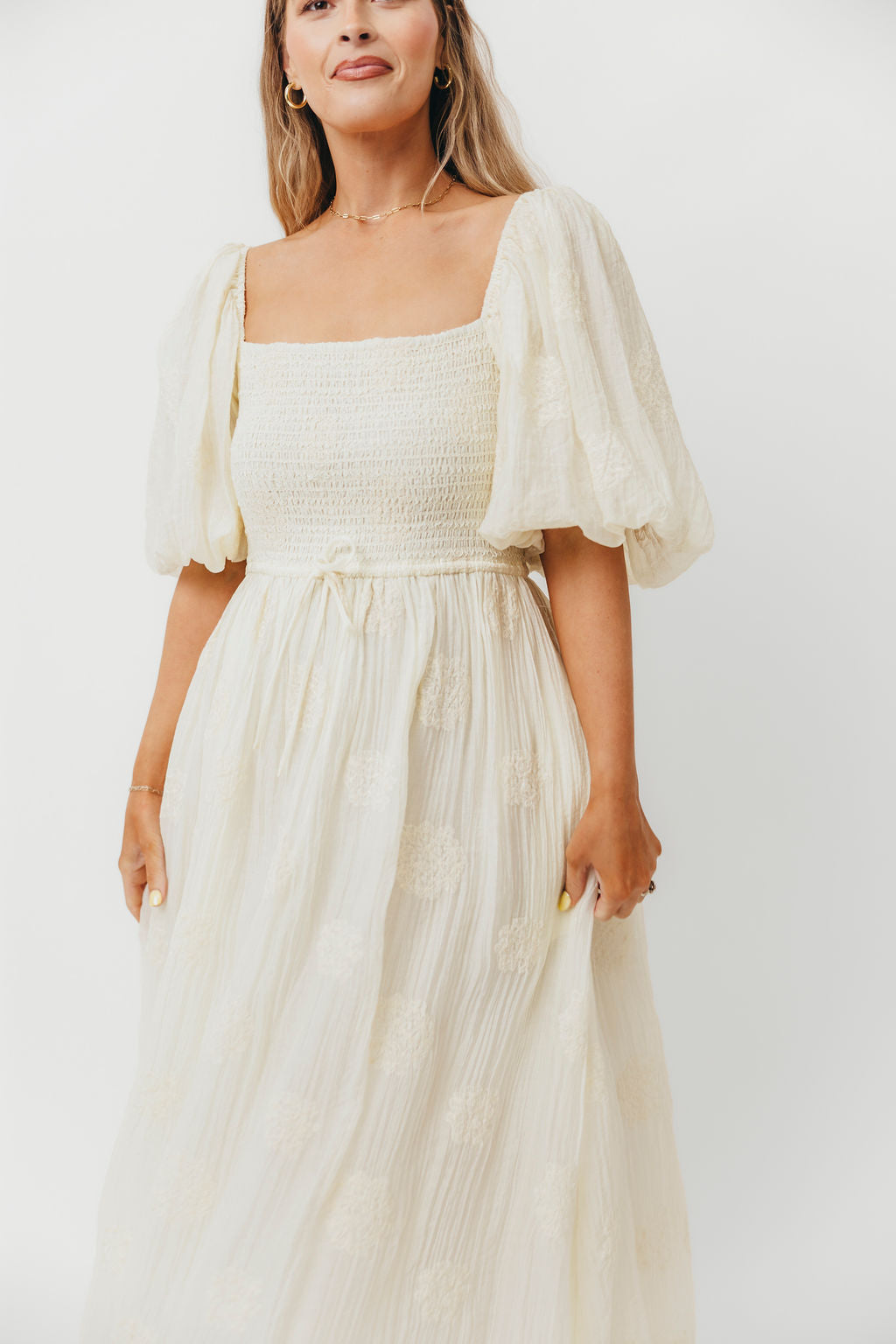 Aimee Women's Smocked Embroidered Floral Midi Dress in Ivory - Elegant Summer Party, Wedding Guest & Church Occasion Outfit