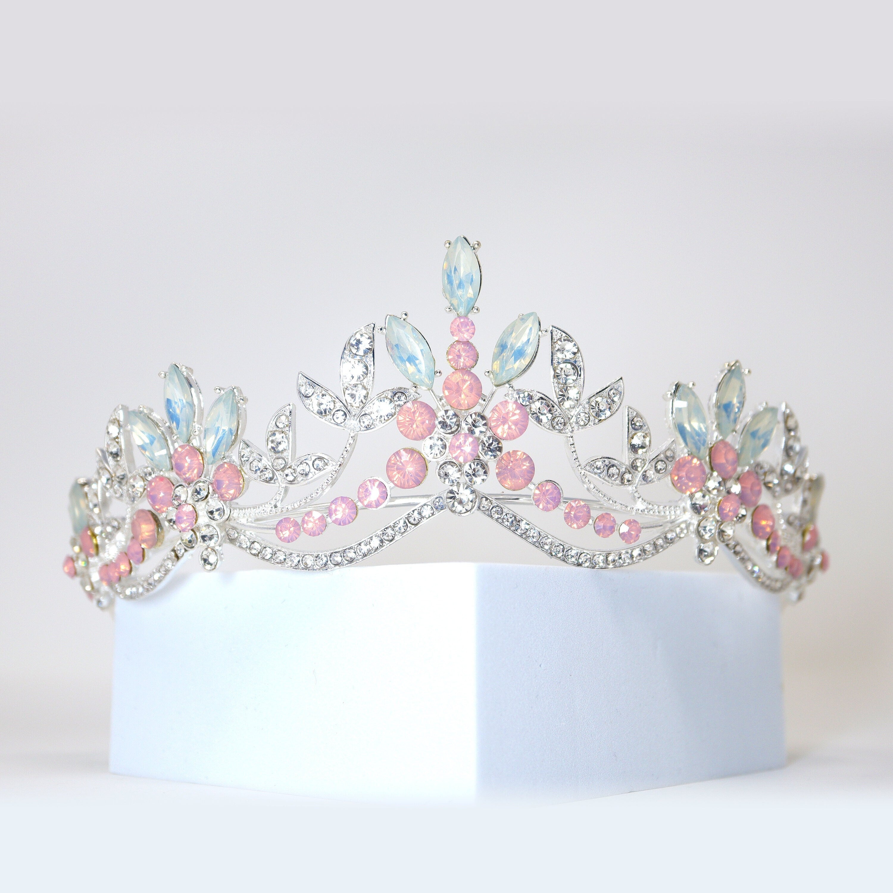 Swarovski Crystal Bridal Tiara with Blue & Pink Opal Floral Leaves - Elegant Wedding Crown for Bride, Perfect for Bridal Showers, Ceremonies & Special Occasions