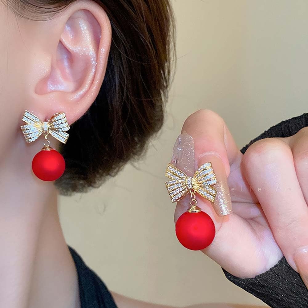 Festive Red Bow Earrings for Women - Christmas & New Year Holiday Jewelry - Perfect for Parties, Gifts & Seasonal Outfits