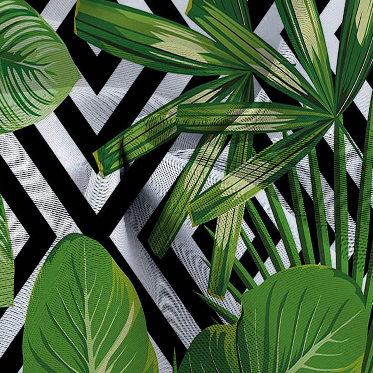 Tropical Palm Leaf Kitchen Curtains - 2 Panel Set with Black & White Geometric Background, Rod Pocket Design for Half Windows (42x36 Inches, Green) - Perfect for Bathroom, Basement & Jungle-Themed Decor