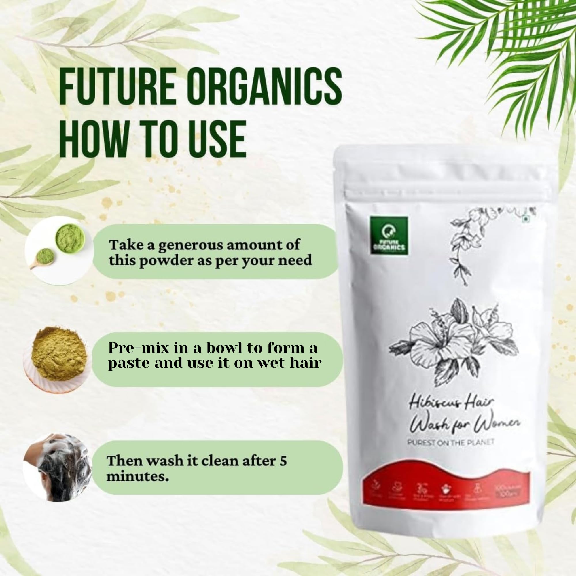 Future Organics Hibiscus Hair Wash Powder for Women - 100g Natural Herbal Shampoo for Hair Growth & Anti-Hair Loss - Sulfate-Free Ayurvedic Treatment for Stronger, Healthier Hair - Ideal for Daily Use & Scalp Care