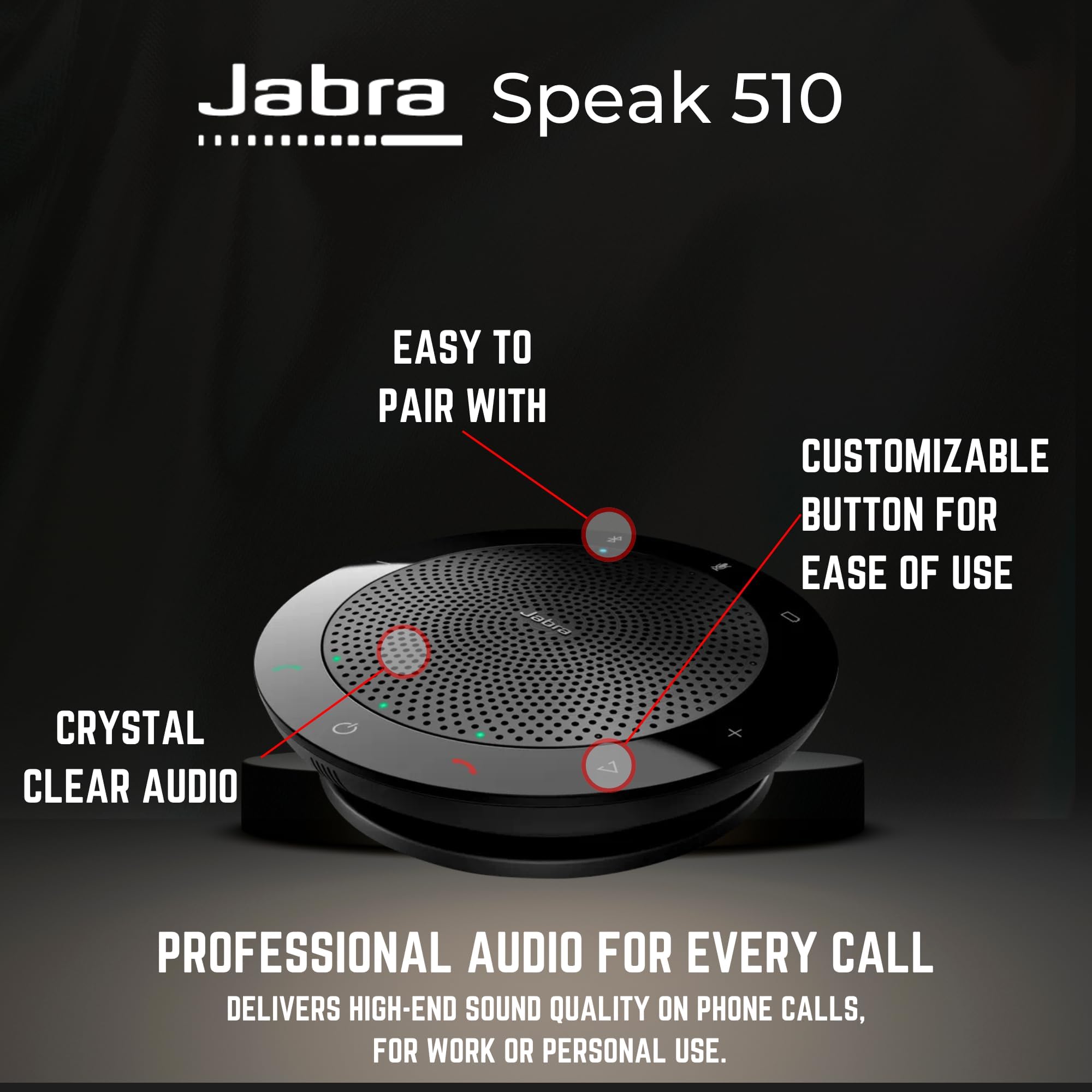 Jabra Speak 510 Wireless Bluetooth & USB Speakerphone - Certified for Microsoft Teams | HD Voice Conference Speaker for Laptop, PC, Mobile Phone | Perfect for Zoom Meetings, Webinars, Remote Work & Online Classes | Includes Carrying Pouch & Gold Support Plan