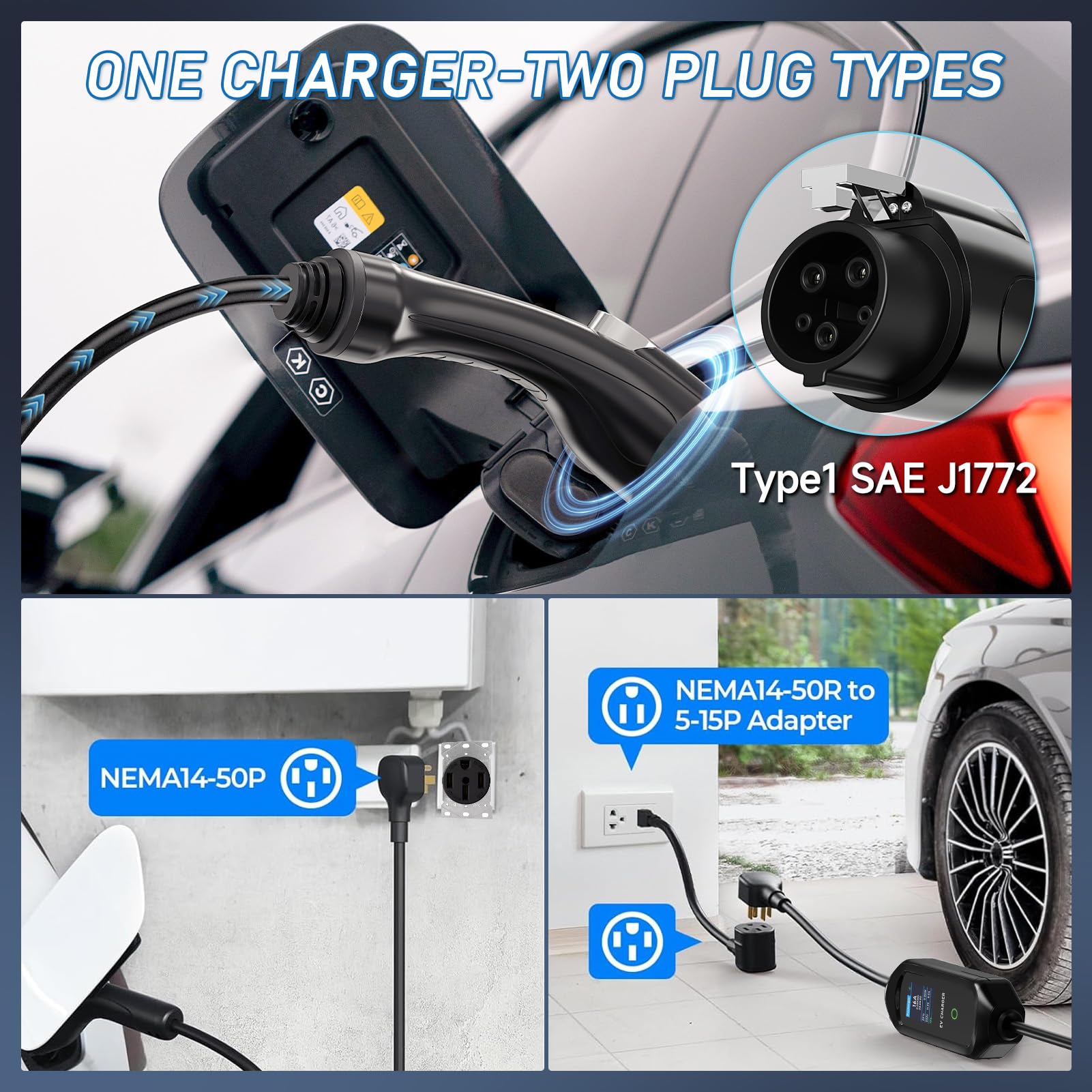 Level 2 EV Charger 32Amp 7.2kW 110V-240V with WiFi & 25FT Cable | Portable Electric Vehicle Charging Station with NEMA 14-50 Plug & 5-15 Adapter | Perfect for Home, Garage & Road Trip Charging