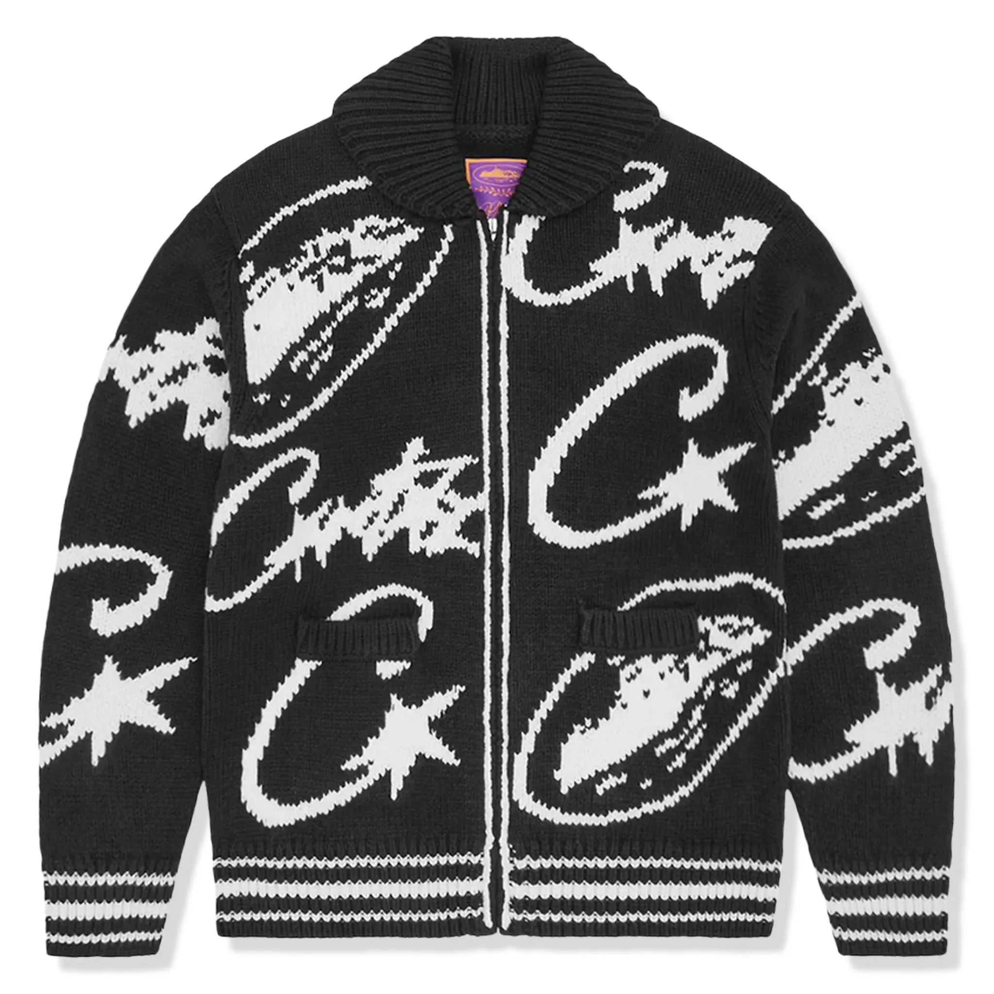Corteiz VVS Jacquard Black Knit Zip Up Jacket for Men - Stylish Streetwear Hoodie for Urban Fashion & Casual Outfits
