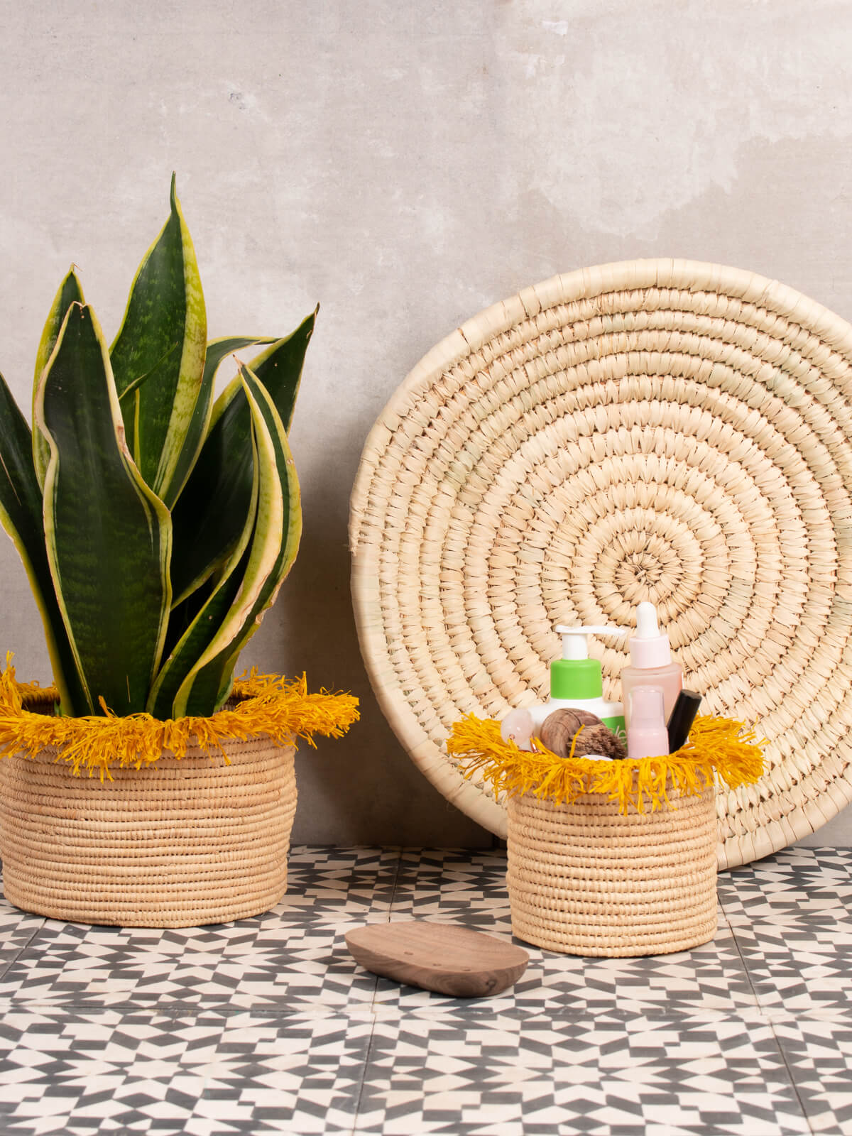 Stylish Yellow Raffia Tassel Storage Pots - Handwoven Decorative Baskets for Home Organization | Perfect for Bathroom, Bedroom & Living Room Decor