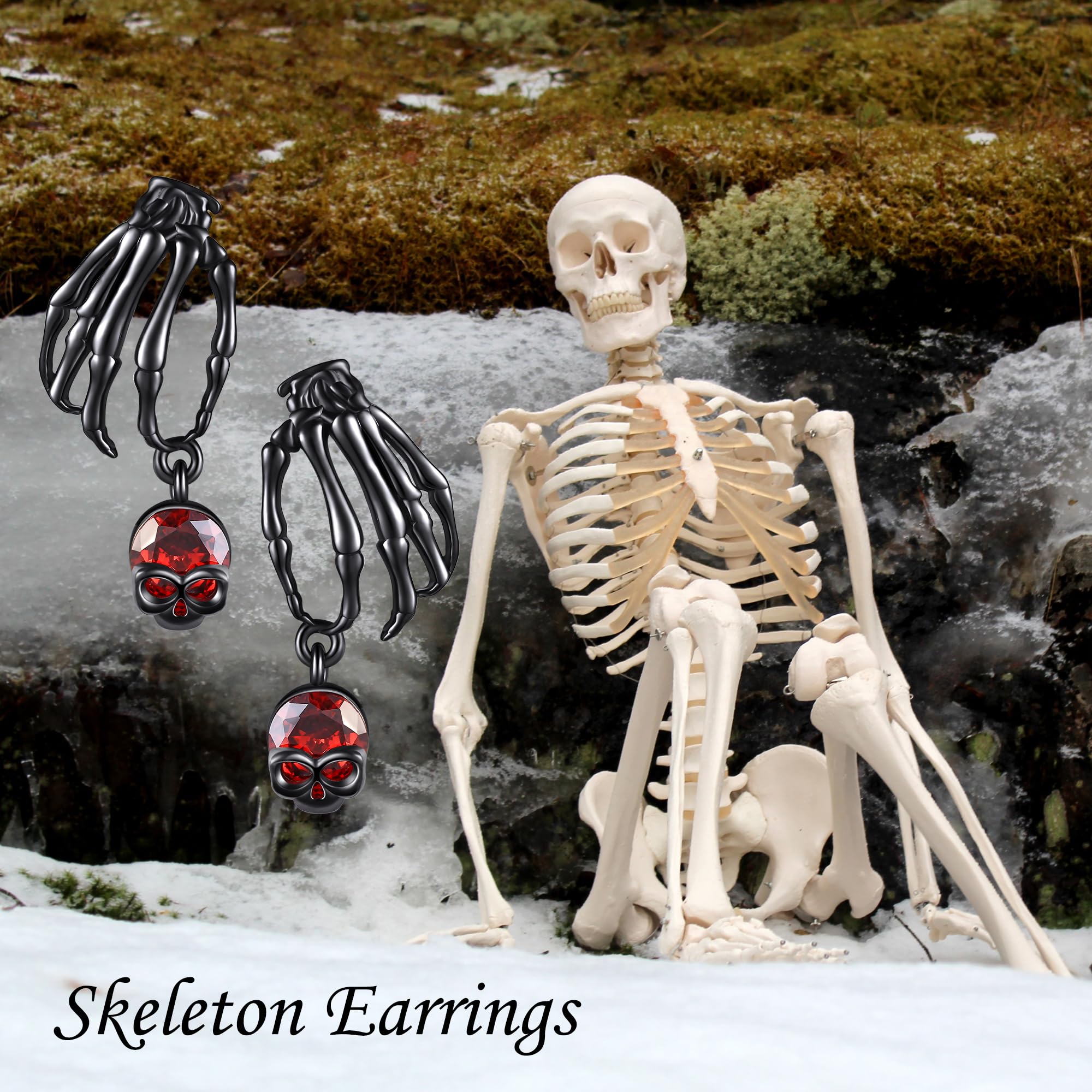925 Sterling Silver Black Skeleton Hand Stud Earrings - Hypoallergenic Gothic Jewelry for Women & Men - Perfect for Halloween Parties, Goth Fashion, and Dark Aesthetic Outfits