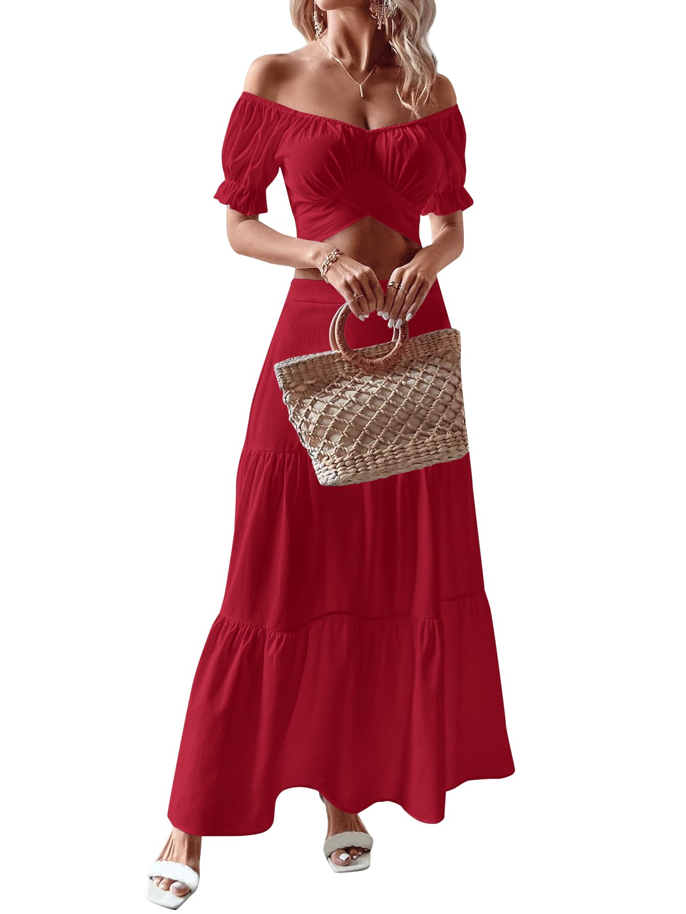 KIFOVEN Women's 2-Piece Summer Outfit Set - Off Shoulder Short Sleeve Wrap Tie Crop Top & Ruffle Maxi Skirt | Beachwear, Vacation, Date Night, Casual Wear