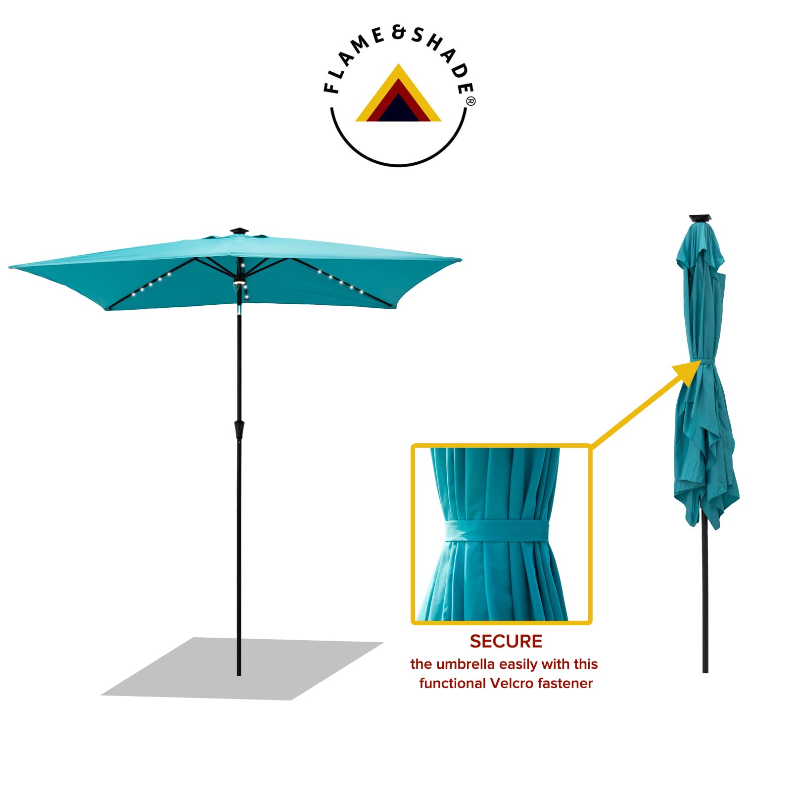 FLAME&SHADE 6.5 x 10 ft Solar Powered Outdoor Patio Umbrella with LED Lights and Tilt - Aqua Blue Rectangular Market Umbrella for Poolside, Backyard, Garden, and Commercial Use