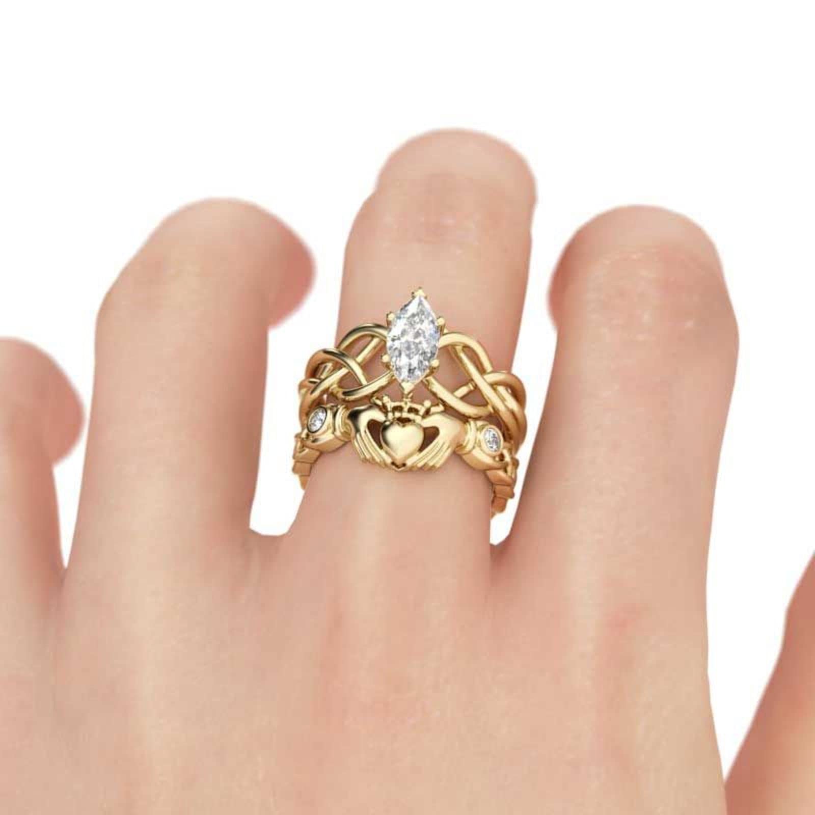 Jeulia Princess Cut Sterling Silver Ring Set with Zirconia - Intertwined Claddagh Engagement & Wedding Band for Women - CZ Solitaire Heart Promise Rings for Anniversary, Bridal, and Couple Gifts - Perfect for Proposals, Valentine's Day, and Romantic Occasions