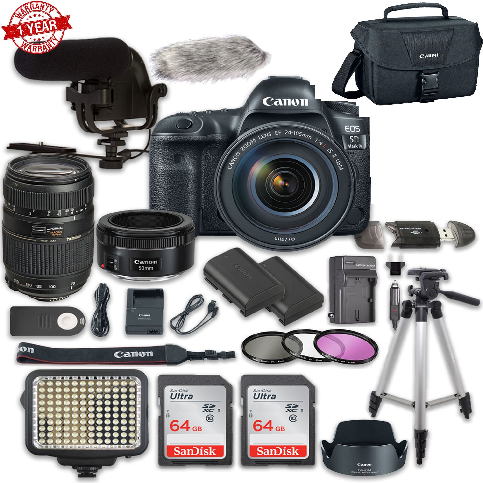 Canon EOS 5D Mark IV DSLR Camera Bundle with EF 24-105mm f/4L IS II USM Lens, EF 50mm f/1.8 STM & Tamron 70-300mm f/4-5.6 Zoom Lens - Professional Photography Kit for Portraits, Landscapes & Wildlife Shooting