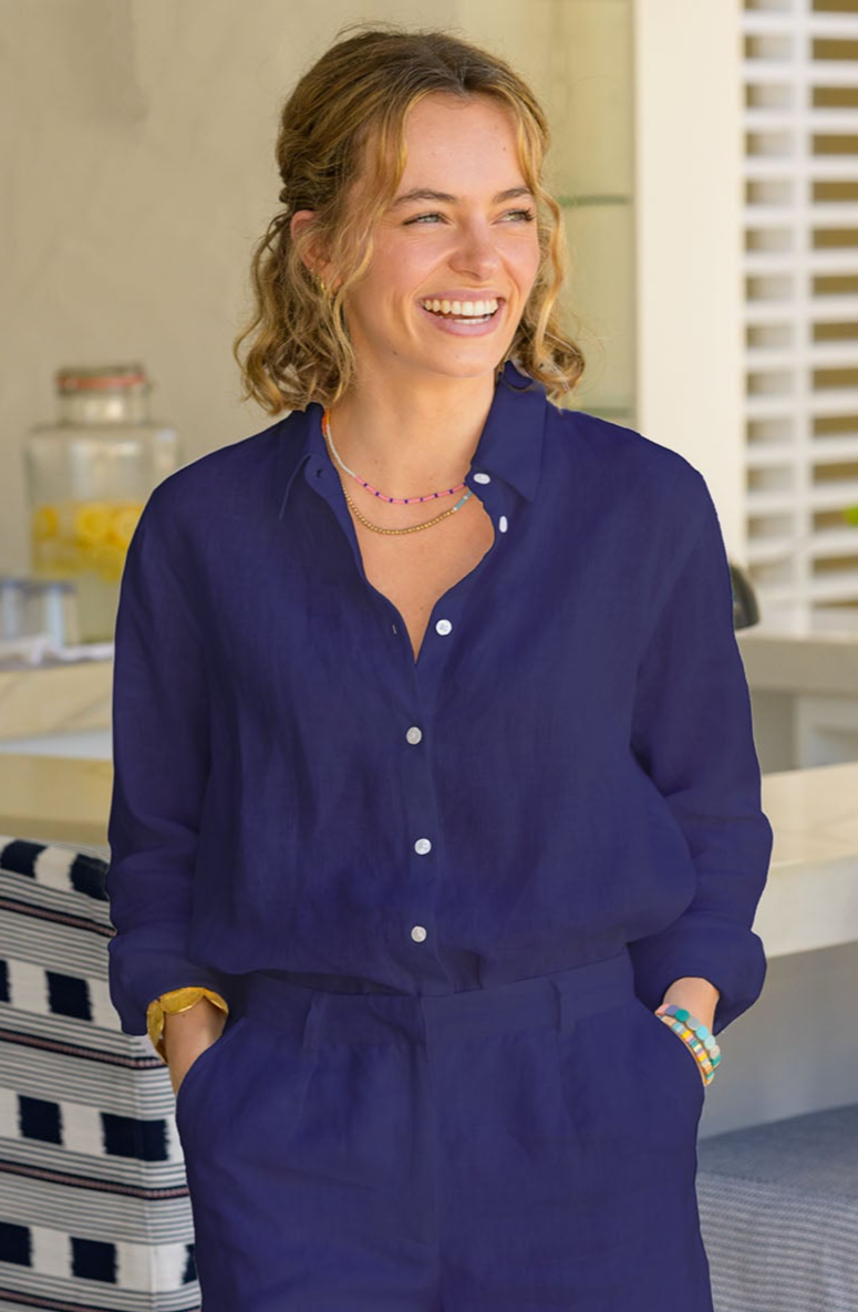 Women's Navy Blue Linen Collared Shirt - Breathable Summer Blouse for Casual Outfits & Office Wear