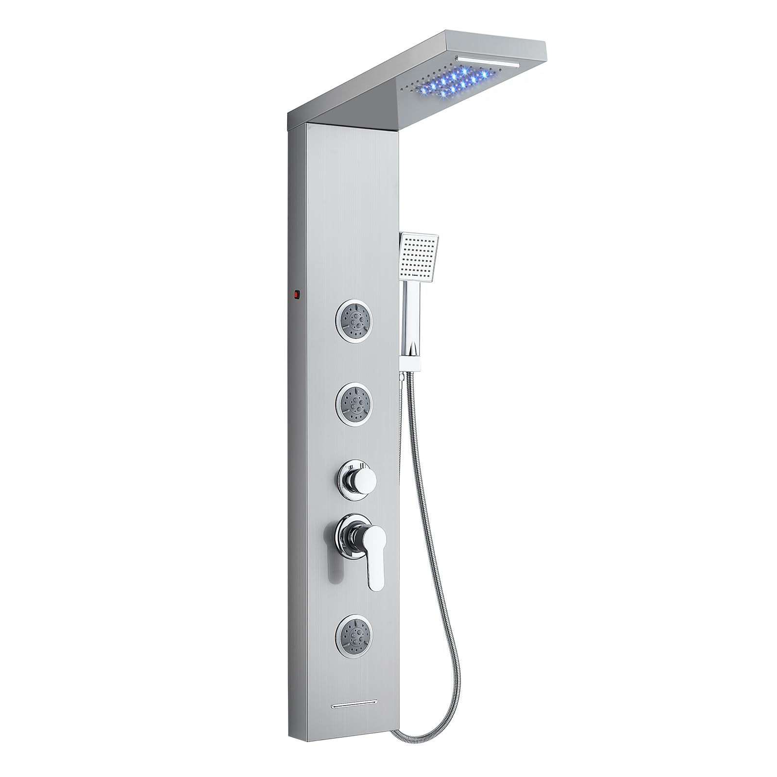 6 in 1 LED Rainfall Shower Panel Tower System with Waterfall Shower Head, 2 Mode Body Jets, Handheld Shower & Tub Spout - Stainless Steel Shower Column with Brushed Finish for Luxurious Bathroom Upgrade & Spa Experience at Home