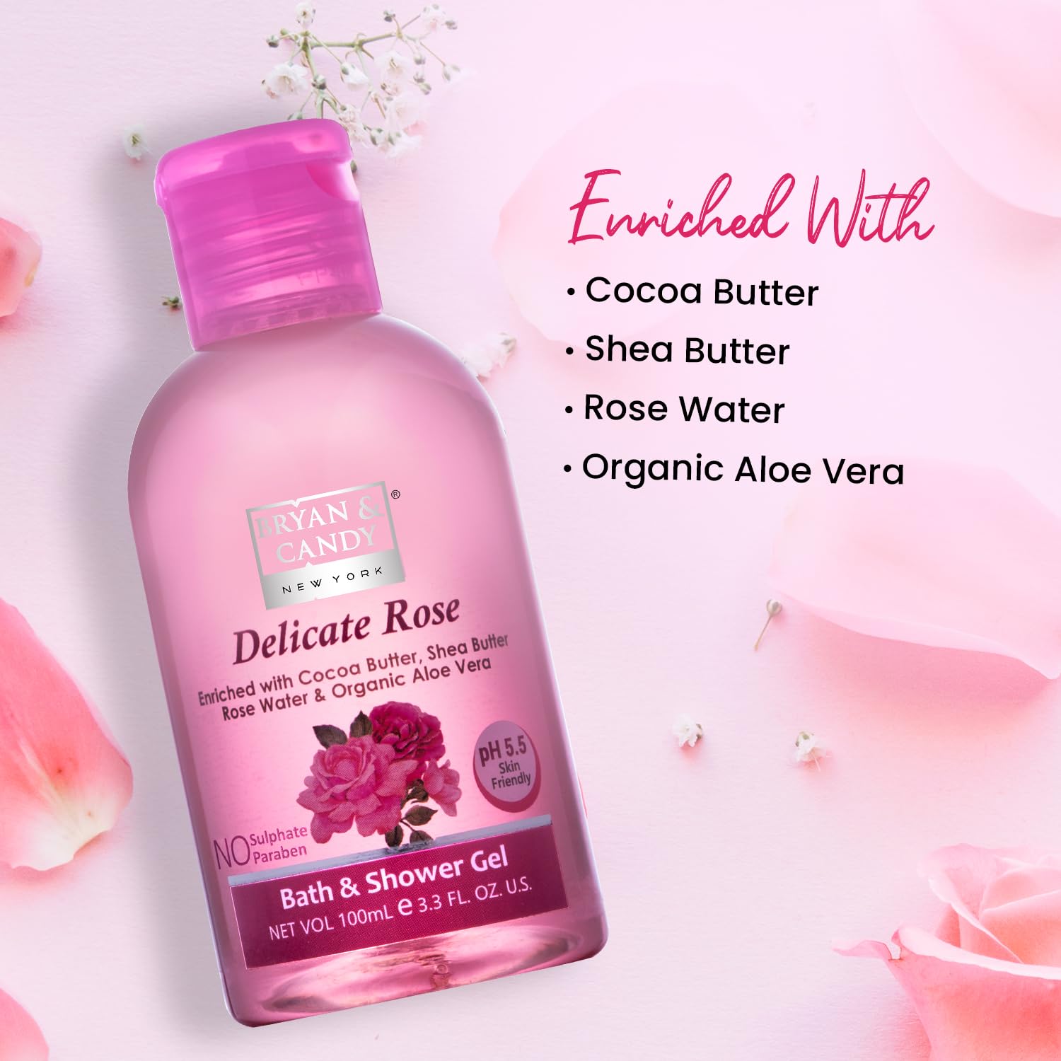 Bryan & Candy Aloe Vera Shower Gel - Gentle Moisturizing Body Wash for Soft Skin | Delicate Rose Scent 100ml | Daily Hydration for Dry & Sensitive Skin - Perfect for Morning & Nighttime Shower Routine