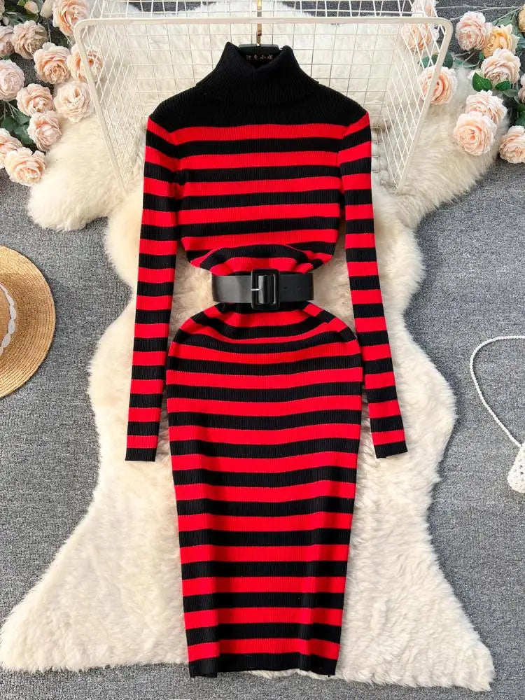 Women's French Style Autumn Winter Patchwork Stripe Knit Long Dress - Medium Length High Neck Warm Loose Slim Sweater Dress for Casual Outings & Holiday Parties