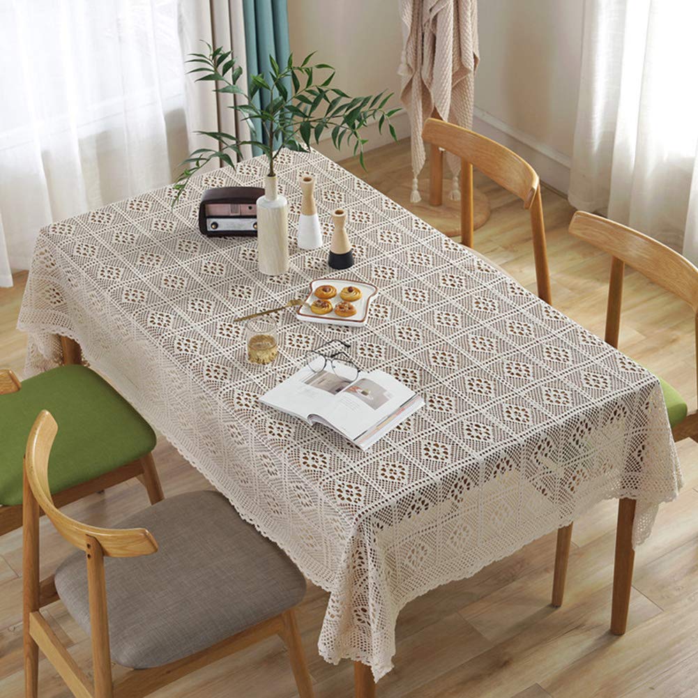 Handmade Cotton Crochet Lace Tablecloth - 55 x 55 Inch Beige Square Table Cover for Buffet, Dining Table, Wedding & Party Decor | Dust-Proof & Elegant for Holiday Dinners, Banquets & Home Decor