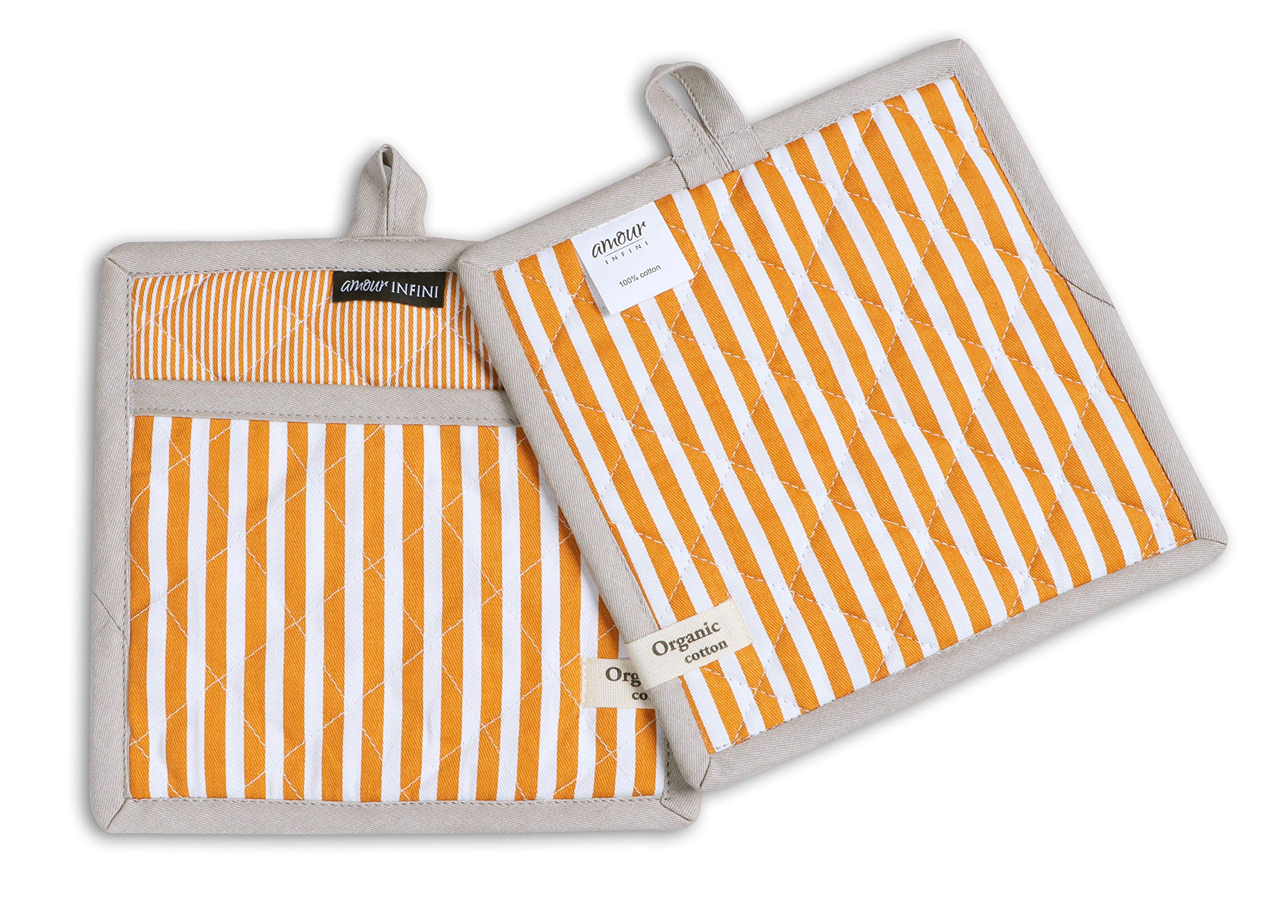 AMOUR INFINI Striped Heat Resistant Oven Mitts & Pot Holders Set - Non-Slip, Reusable Kitchen Accessories (1 Mitt + 1 Holder) - Perfect for Baking, Grilling & Cooking - Yellow