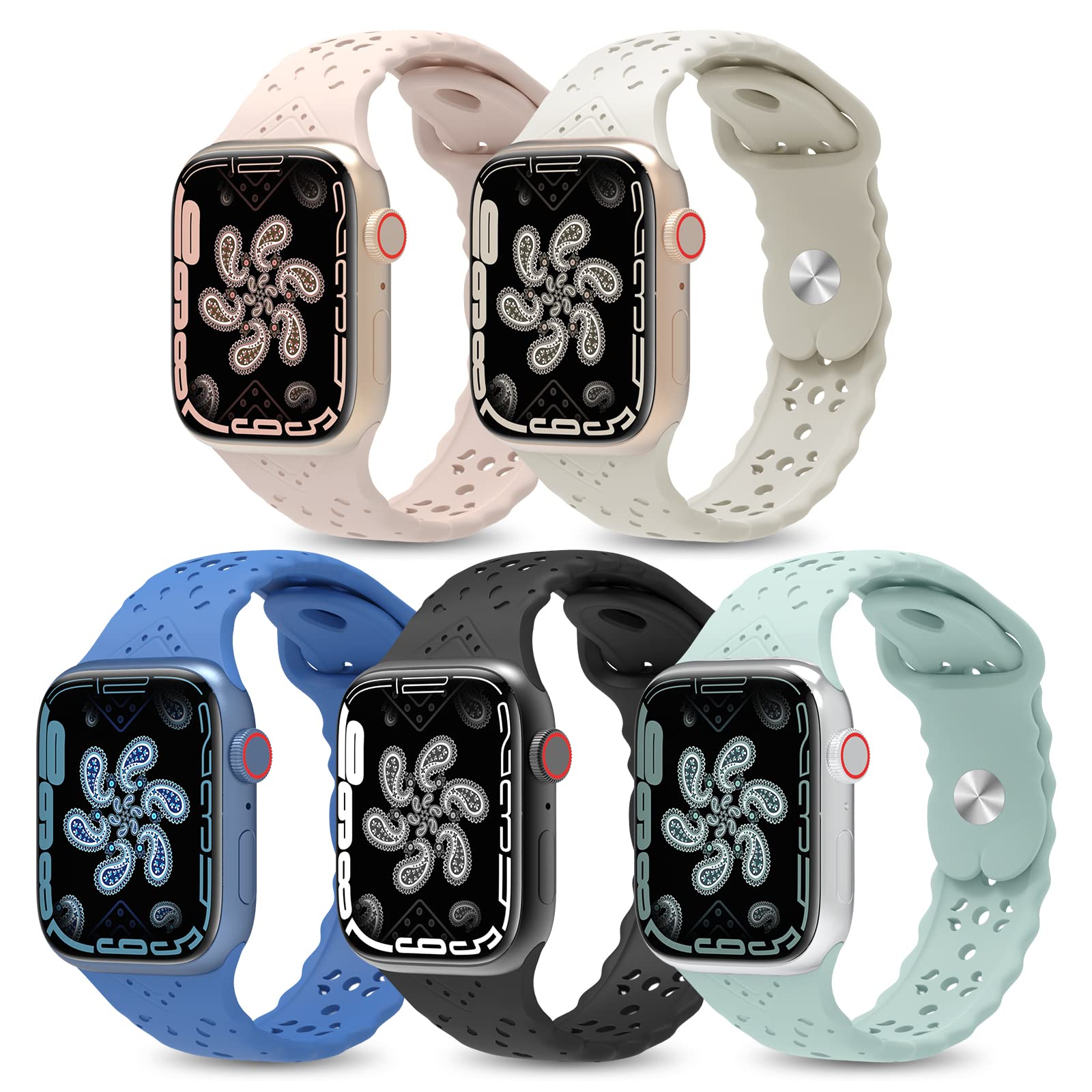 5 Pack Lace Silicone Bands for Apple Watch 38mm 40mm 41mm 42mm 44mm 45mm - Soft Hollowed-out Paisley Sport Strap Replacement Wristbands Compatible with iWatch Series 8/7/6/5/4/3/2/1/SE - Perfect for Women's Fitness, Running & Daily Wear